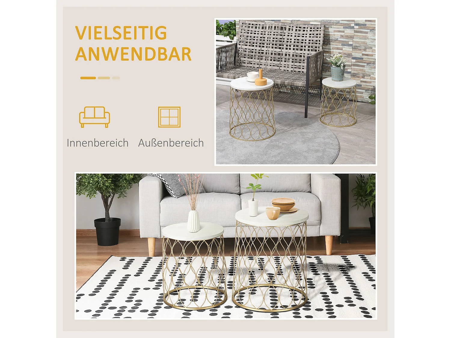 Set di 2 tavolini laterali di design a forma di cestino, in acciaio laccato, piano in marmo, oro e bianco, per uso interno/esterno (Ø41x46cm)