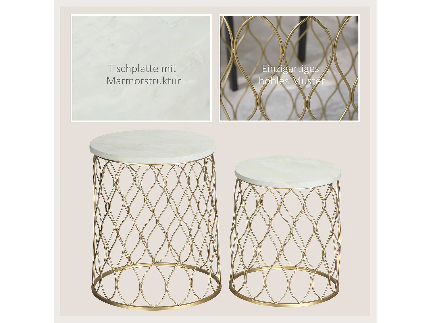 Set di 2 tavolini laterali di design a forma di cestino, in acciaio laccato, piano in marmo, oro e bianco, per uso interno/esterno (Ø41x46cm)