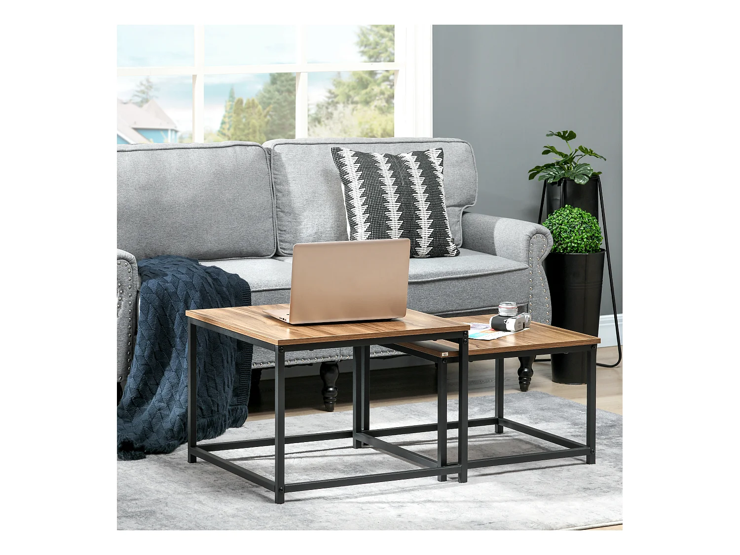 Set van 2 industriële salontafels, houtlook spaanplaat blad, stalen frame, natuurlijke kleur (60x60x45cm)