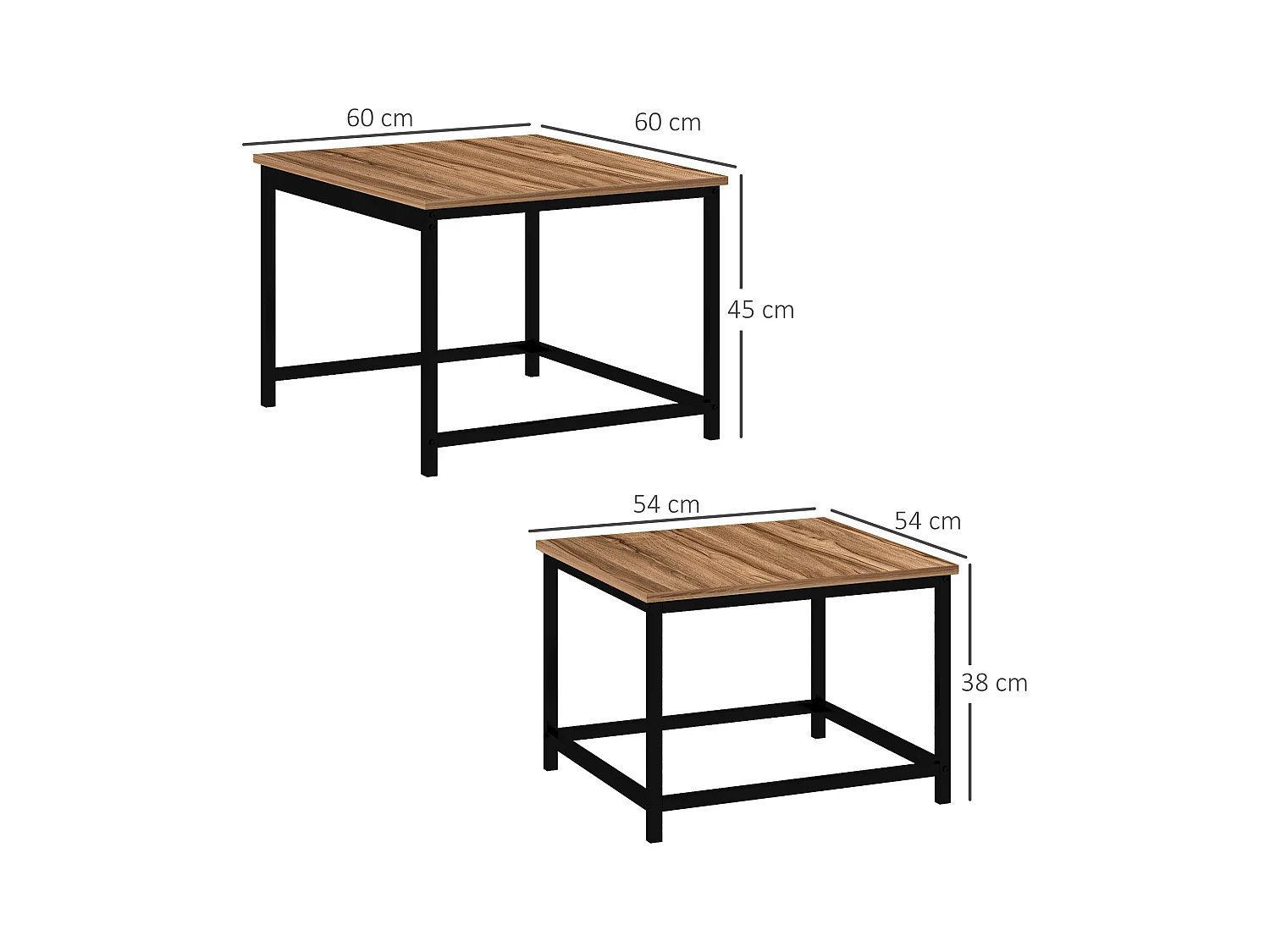 Set van 2 industriële salontafels, houtlook spaanplaat blad, stalen frame, natuurlijke kleur (60x60x45cm)