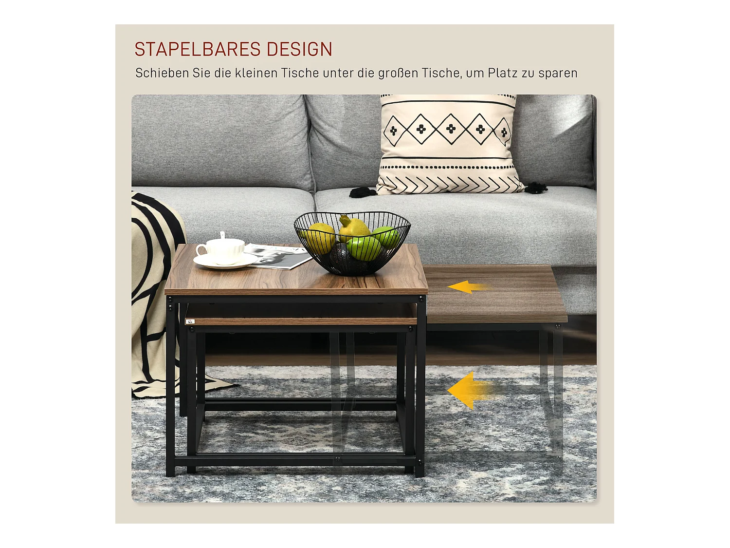 Set van 2 industriële salontafels, houtlook spaanplaat blad, stalen frame, natuurlijke kleur (60x60x45cm)