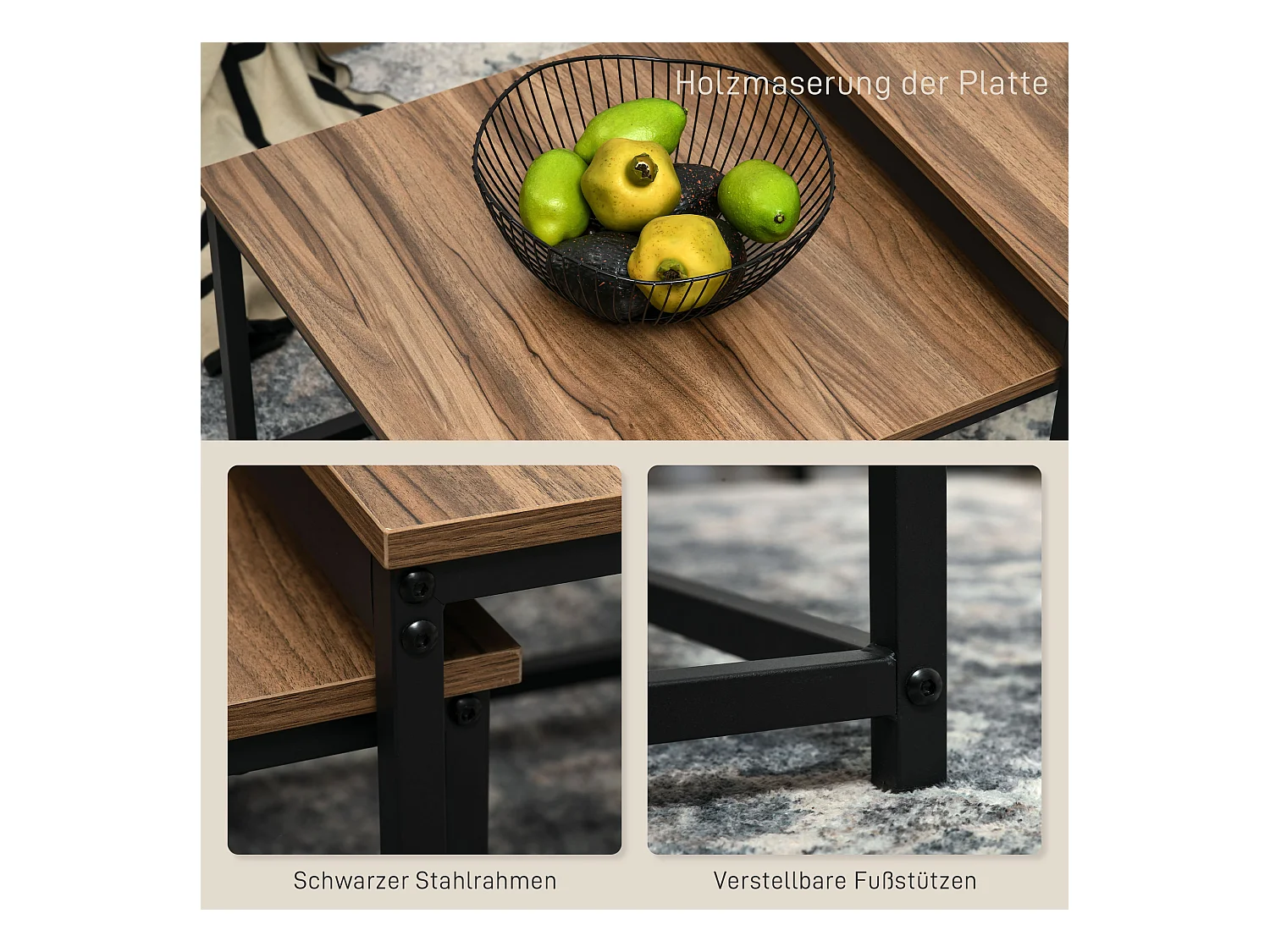 Set van 2 industriële salontafels, houtlook spaanplaat blad, stalen frame, natuurlijke kleur (60x60x45cm)