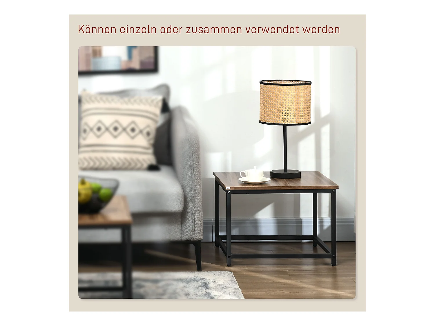 Set van 2 industriële salontafels, houtlook spaanplaat blad, stalen frame, natuurlijke kleur (60x60x45cm)