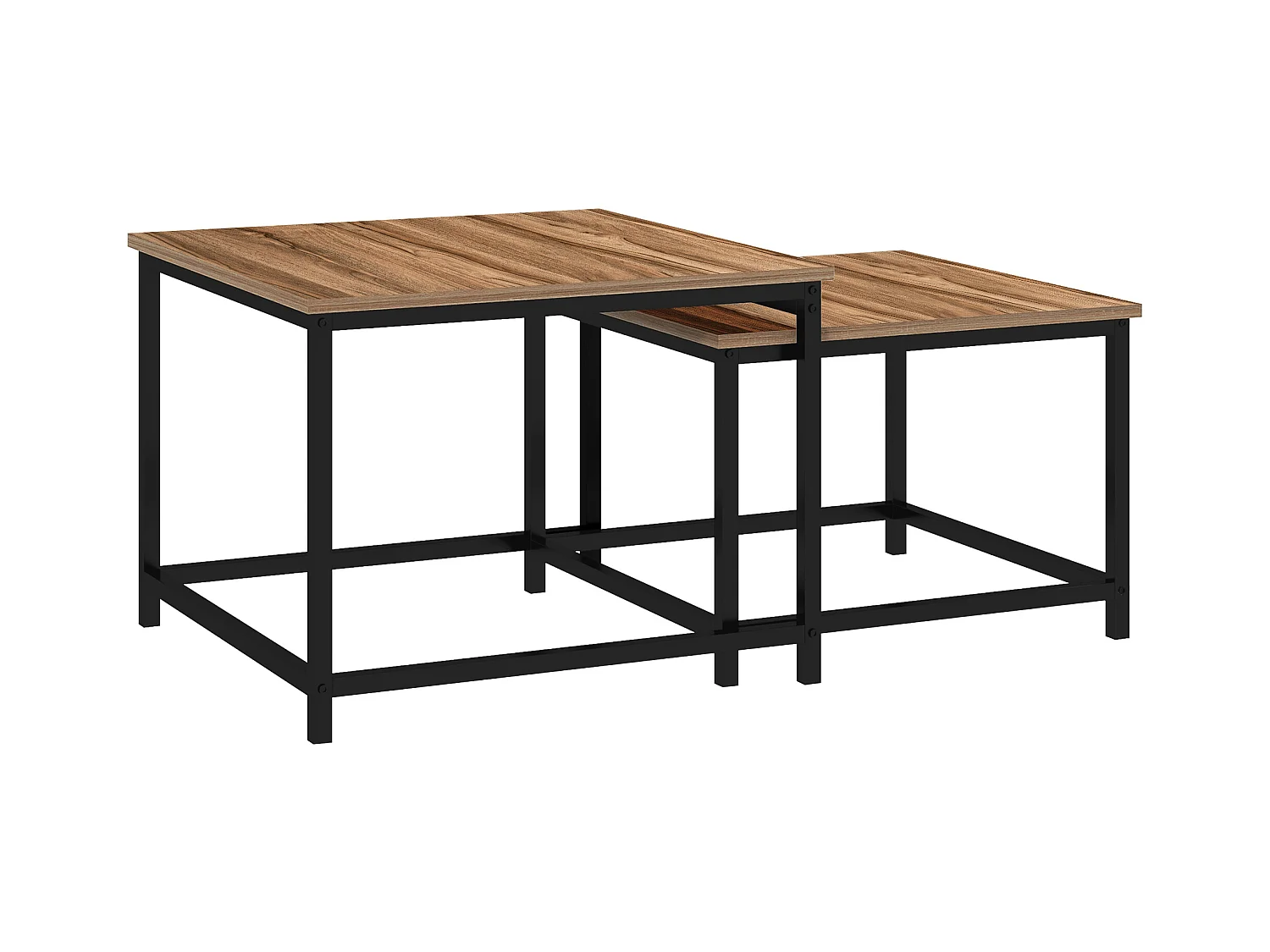 Set di 2 tavolini da caffè industriali, piano in truciolare effetto legno, struttura in acciaio, colore naturale (60x60x45cm)