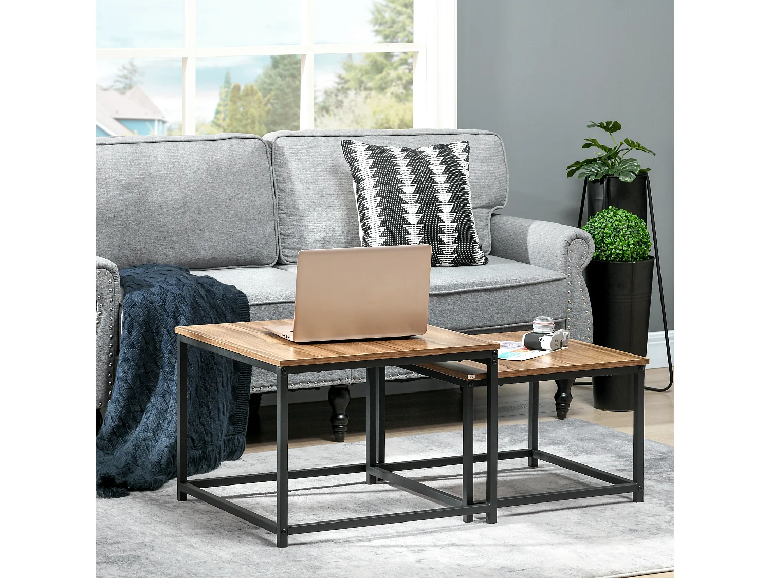 Lot de 2 tables basses industrielles, plateau aggloméré imitation bois, structure acier, couleur naturelle (60x60x45cm)