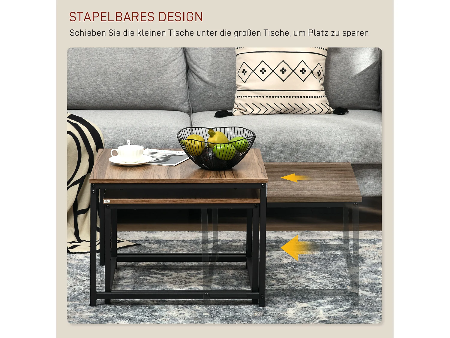 Lot de 2 tables basses industrielles, plateau aggloméré imitation bois, structure acier, couleur naturelle (60x60x45cm)