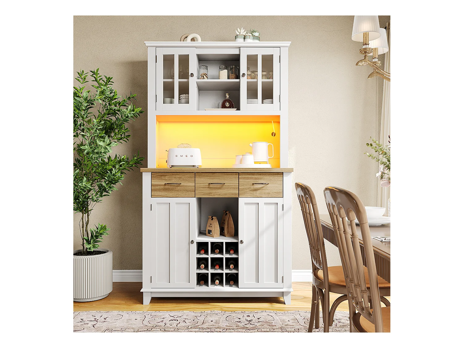 Armoire de cuisine avec éclairage LED, rangement spacieux, MDF, blanc (106x40x179.5 cm)