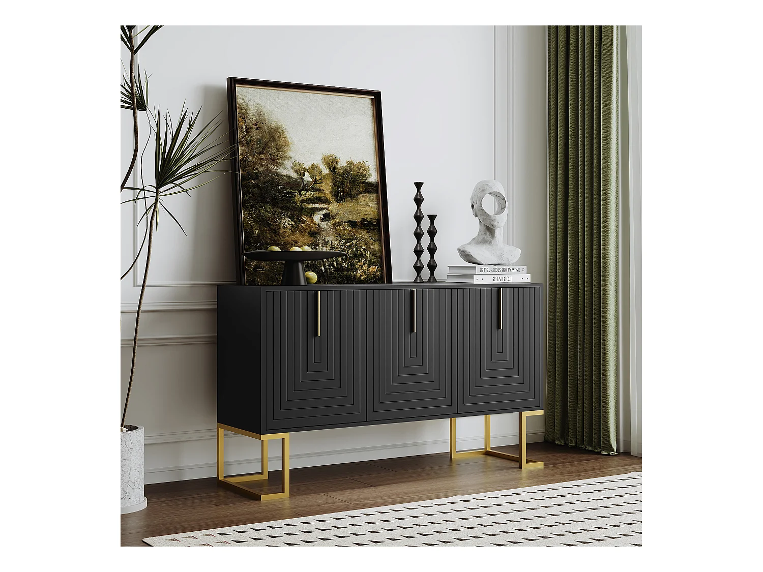 Buffet 3 portes avec étagères réglables, portes en U et poignées métalliques, MDF, noir (138x40x80.5 cm)