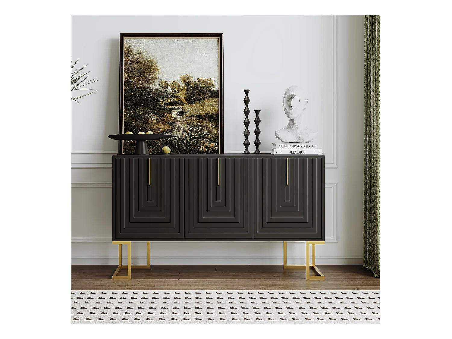 Buffet 3 portes avec étagères réglables, portes en U et poignées métalliques, MDF, noir (138x40x80.5 cm)