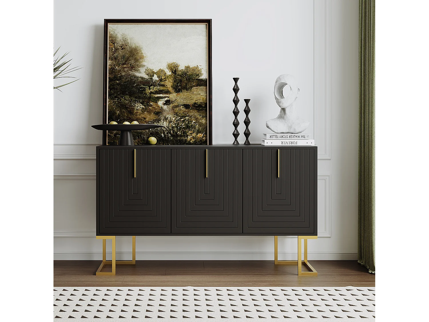 Buffet 3 portes avec étagères réglables, portes en U et poignées métalliques, MDF, noir (138x40x80.5 cm)