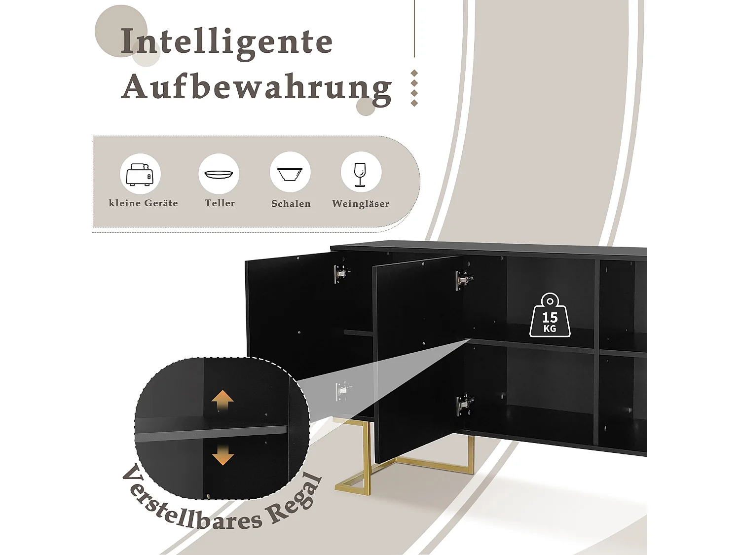 Buffet 3 portes avec étagères réglables, portes en U et poignées métalliques, MDF, noir (138x40x80.5 cm)