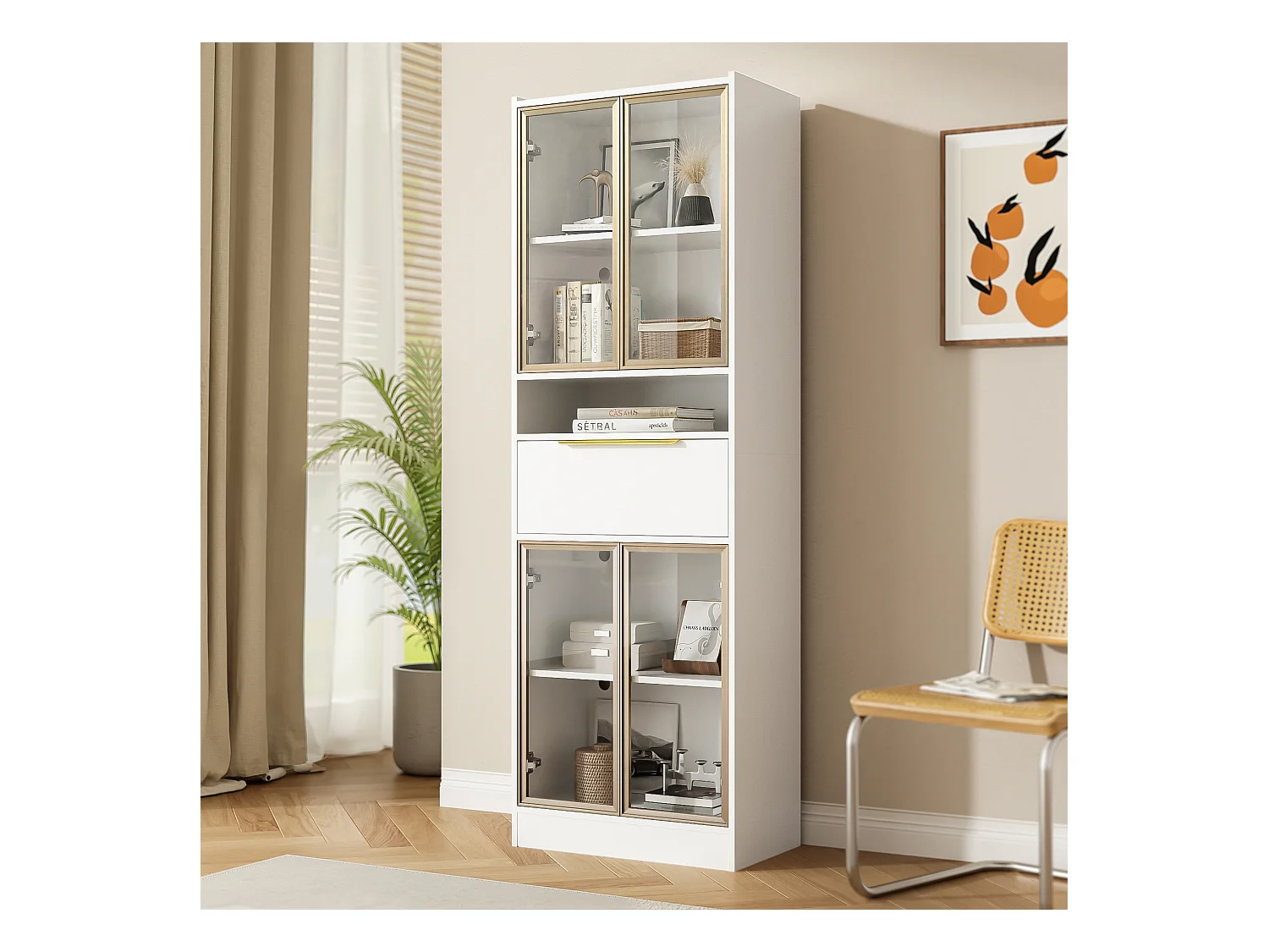 Meuble de rangement haut avec 4 portes, LED RGB 16 couleurs, MDF et verre, blanc, (60x35x180 cm)