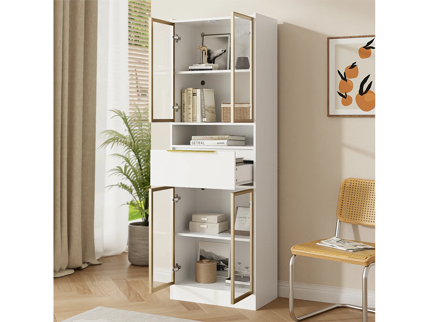 Meuble de rangement haut avec 4 portes, LED RGB 16 couleurs, MDF et verre, blanc, (60x35x180 cm)