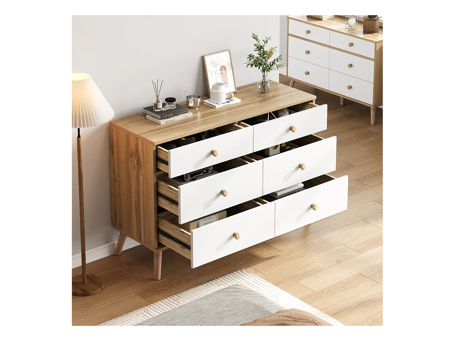 Credenza, mobile buffet con 6 cassetti, legno e bianco, MDF, design moderno, per soggiorno, ufficio (116x40x80 cm)