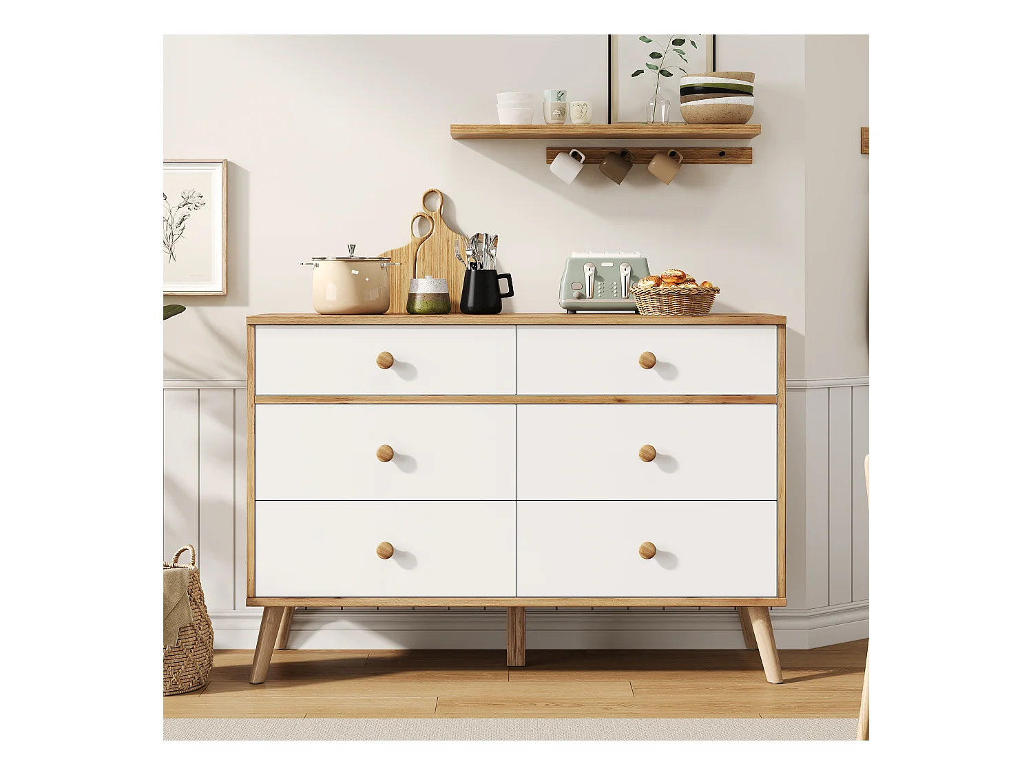 Credenza, mobile buffet con 6 cassetti, legno e bianco, MDF, design moderno, per soggiorno, ufficio (116x40x80 cm)