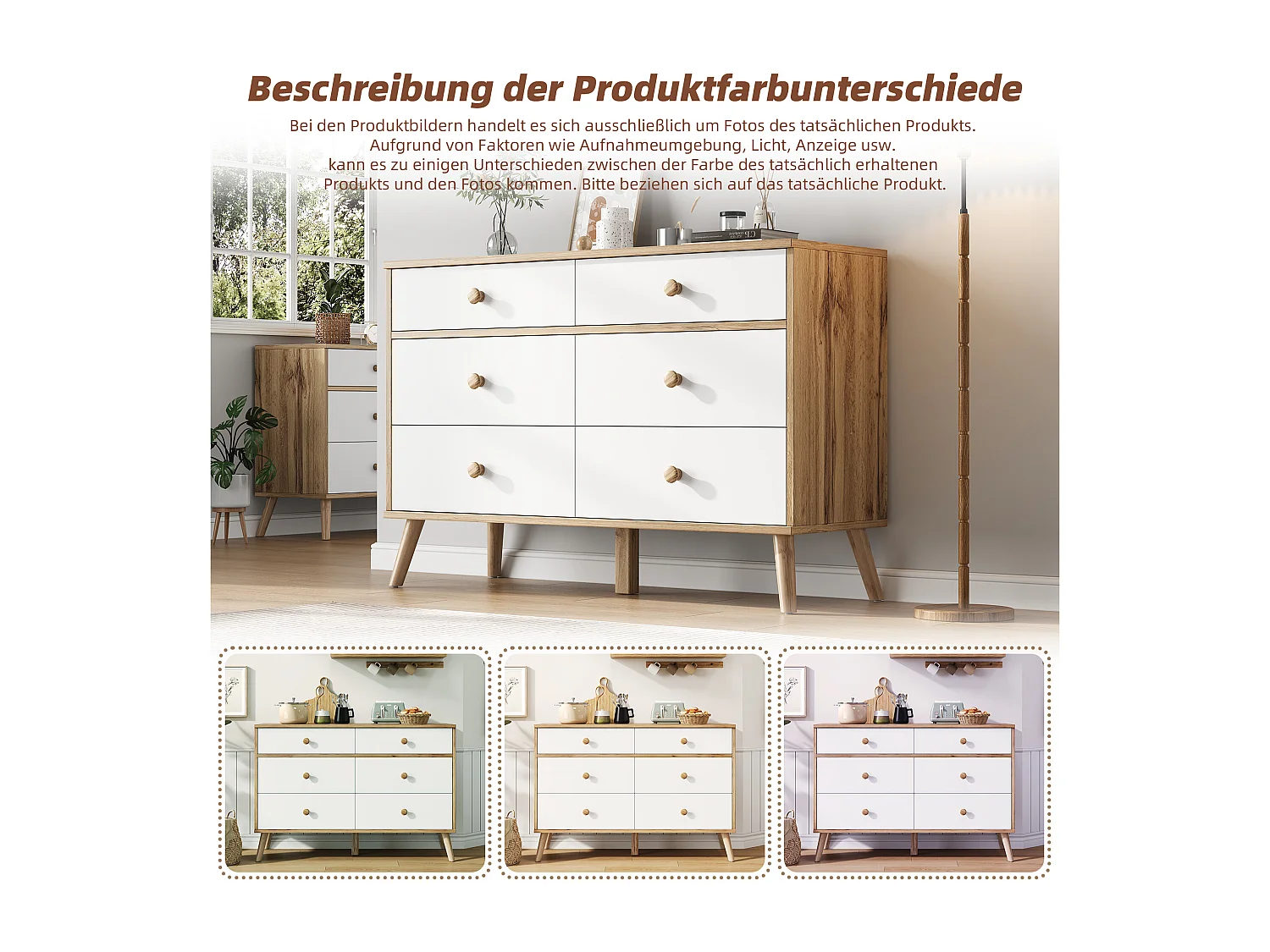 Credenza, mobile buffet con 6 cassetti, legno e bianco, MDF, design moderno, per soggiorno, ufficio (116x40x80 cm)