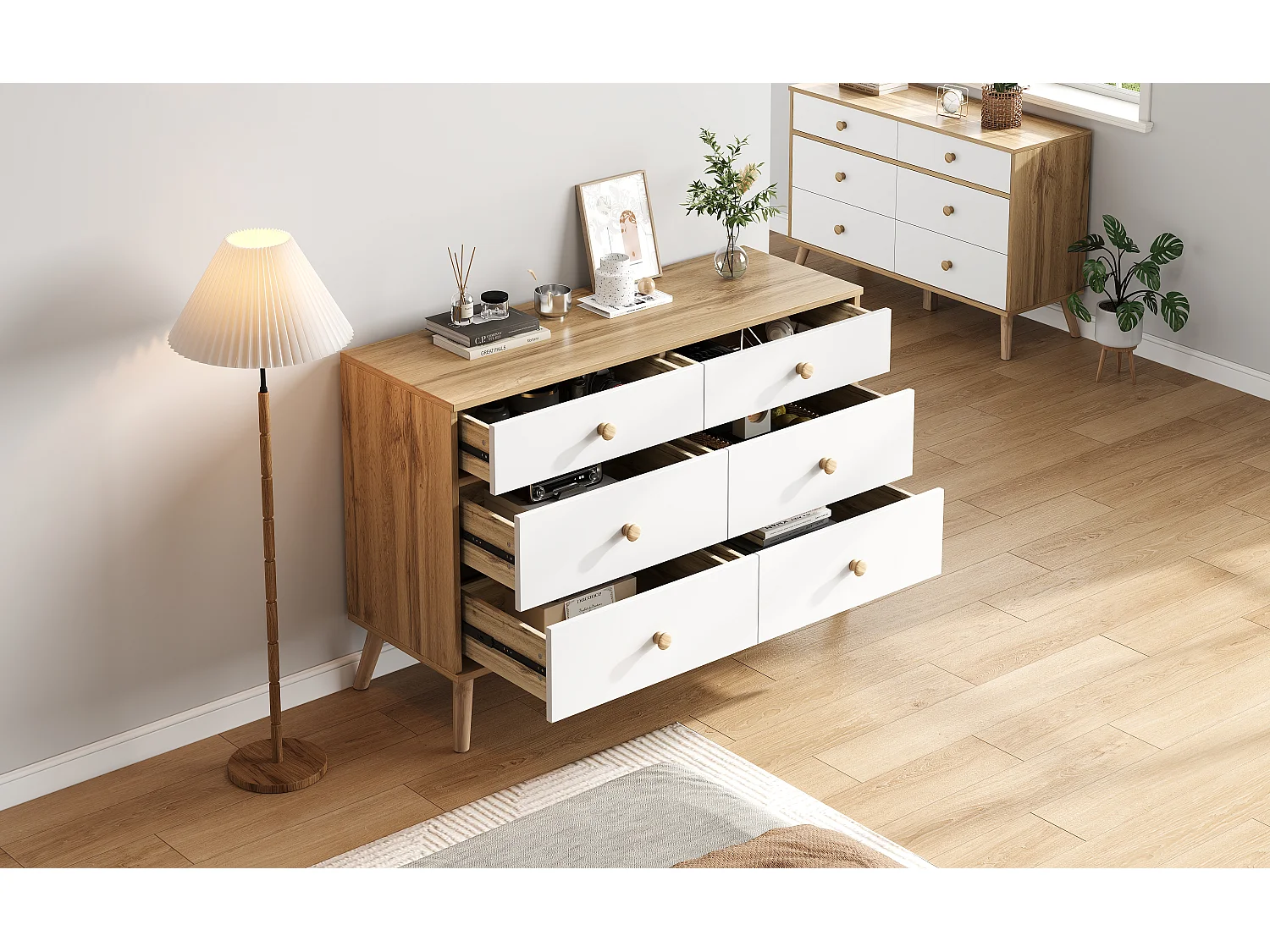 Credenza, mobile buffet con 6 cassetti, legno e bianco, MDF, design moderno, per soggiorno, ufficio (116x40x80 cm)