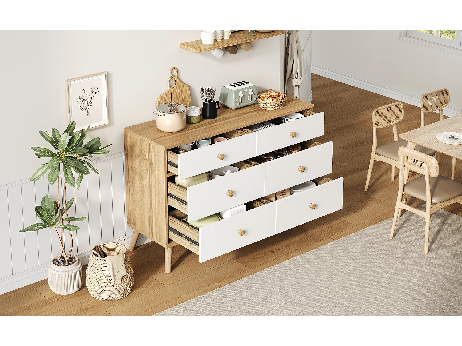 Credenza, mobile buffet con 6 cassetti, legno e bianco, MDF, design moderno, per soggiorno, ufficio (116x40x80 cm)