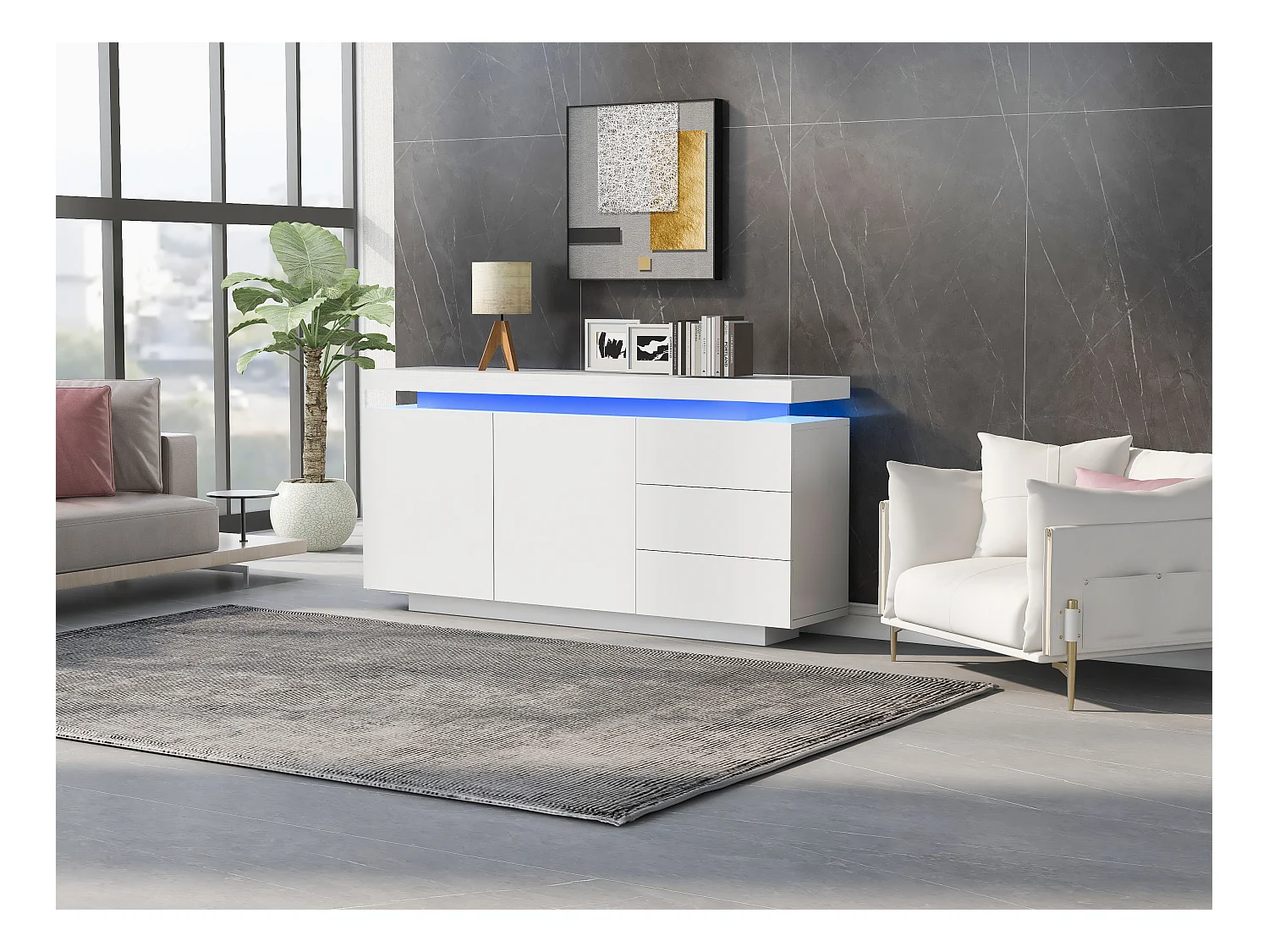 Buffet moderne avec LED, portes sans poignées, 2 portes, 3 tiroirs, panneau de particules, blanc, 140x35x72.5 cm