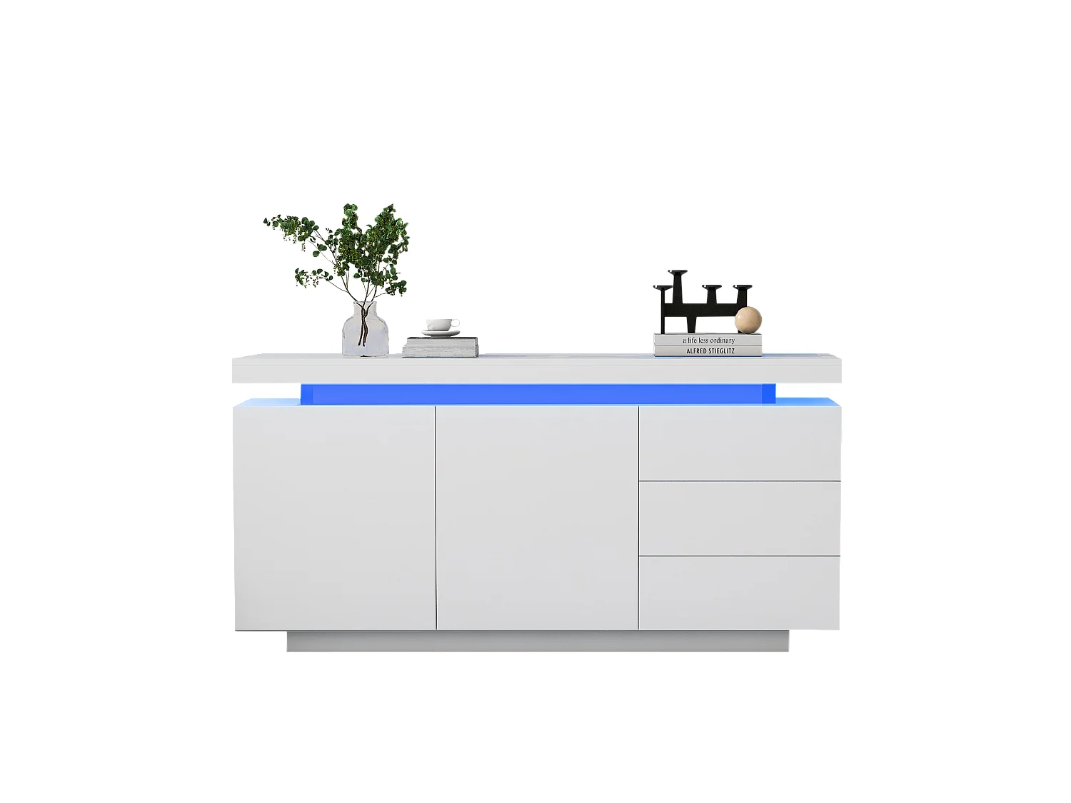 Buffet moderne avec LED, portes sans poignées, 2 portes, 3 tiroirs, panneau de particules, blanc, 140x35x72.5 cm