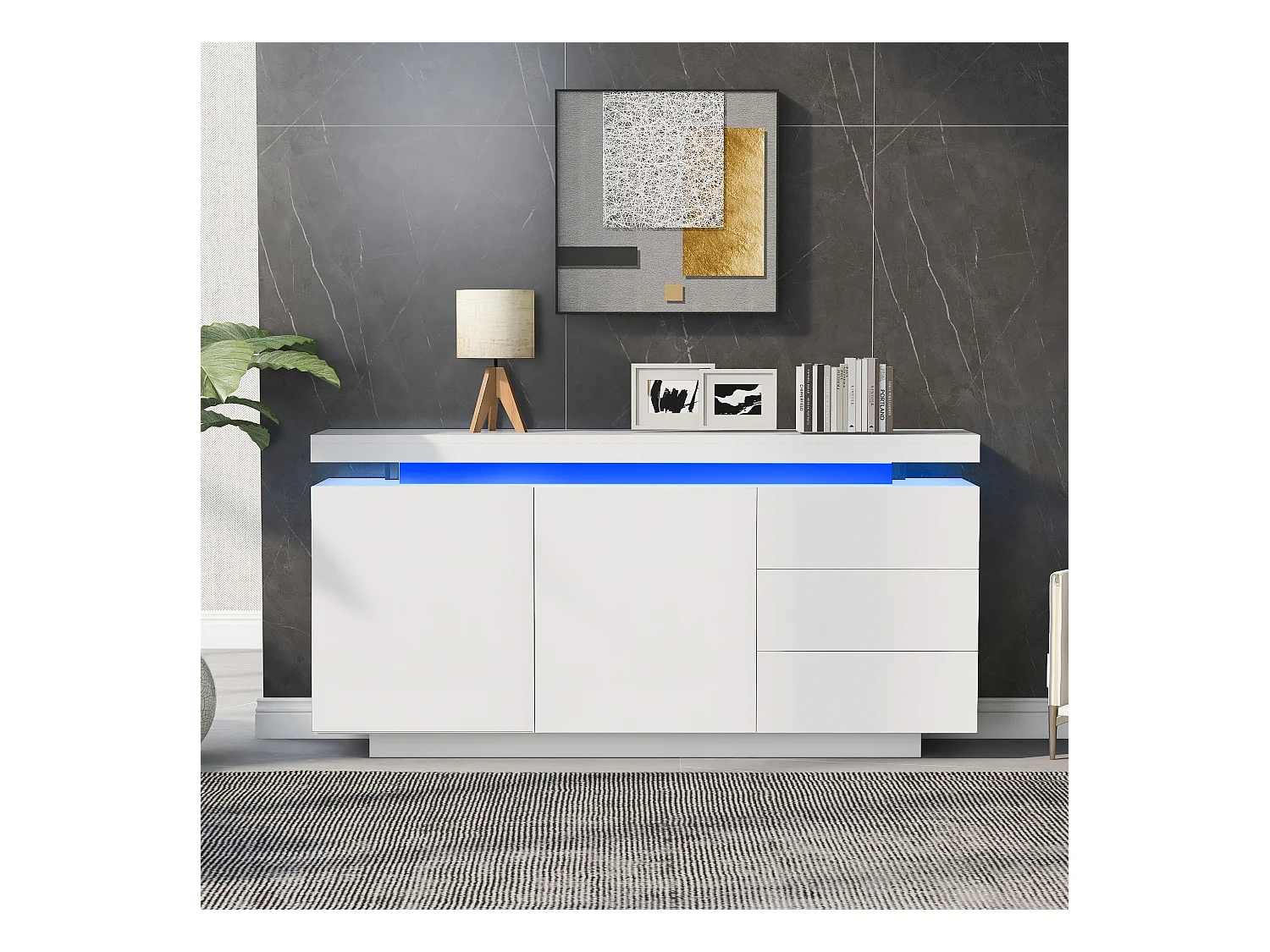 Buffet moderne avec LED, portes sans poignées, 2 portes, 3 tiroirs, panneau de particules, blanc, 140x35x72.5 cm