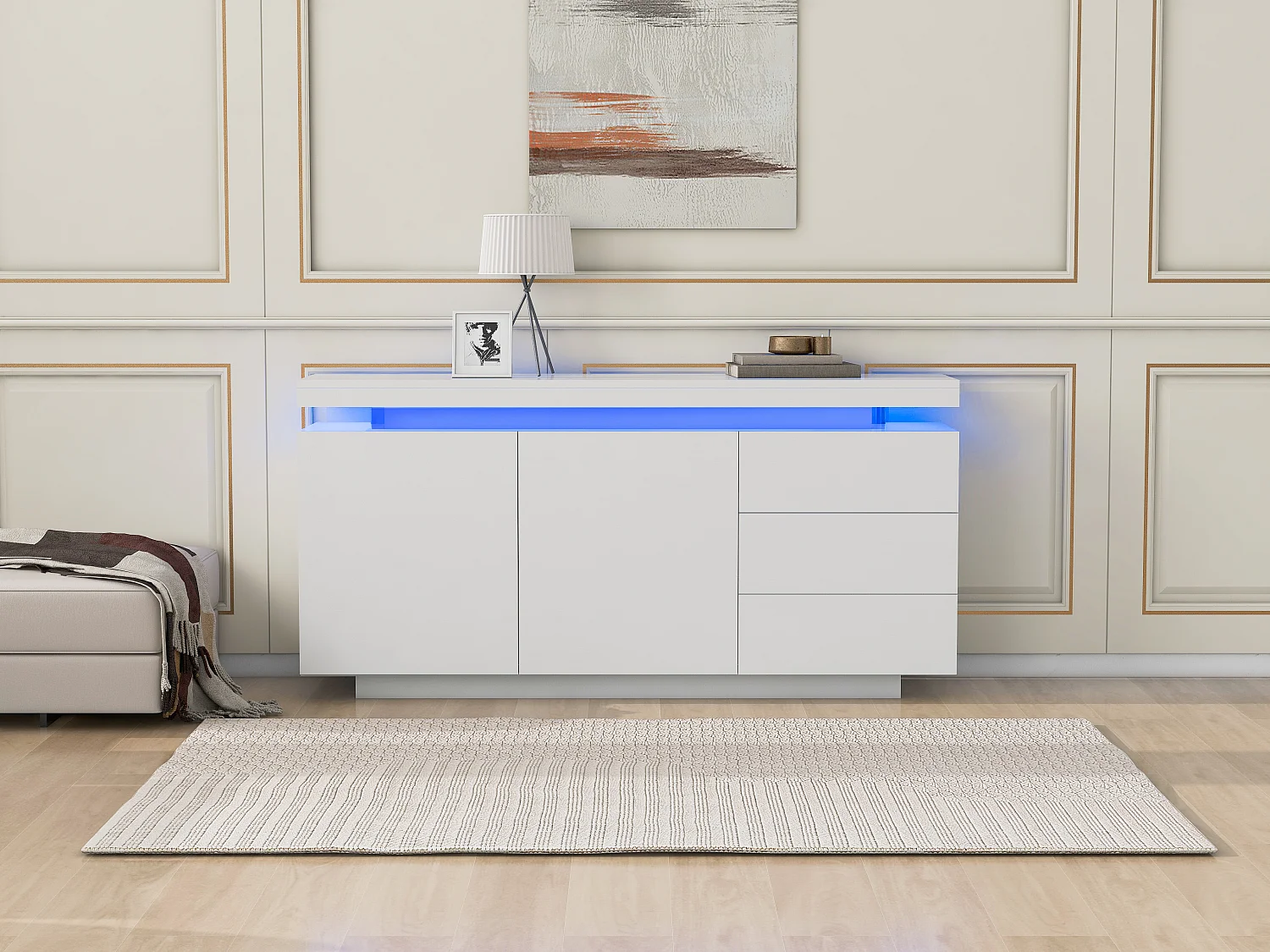 Buffet moderne avec LED, portes sans poignées, 2 portes, 3 tiroirs, panneau de particules, blanc, 140x35x72.5 cm