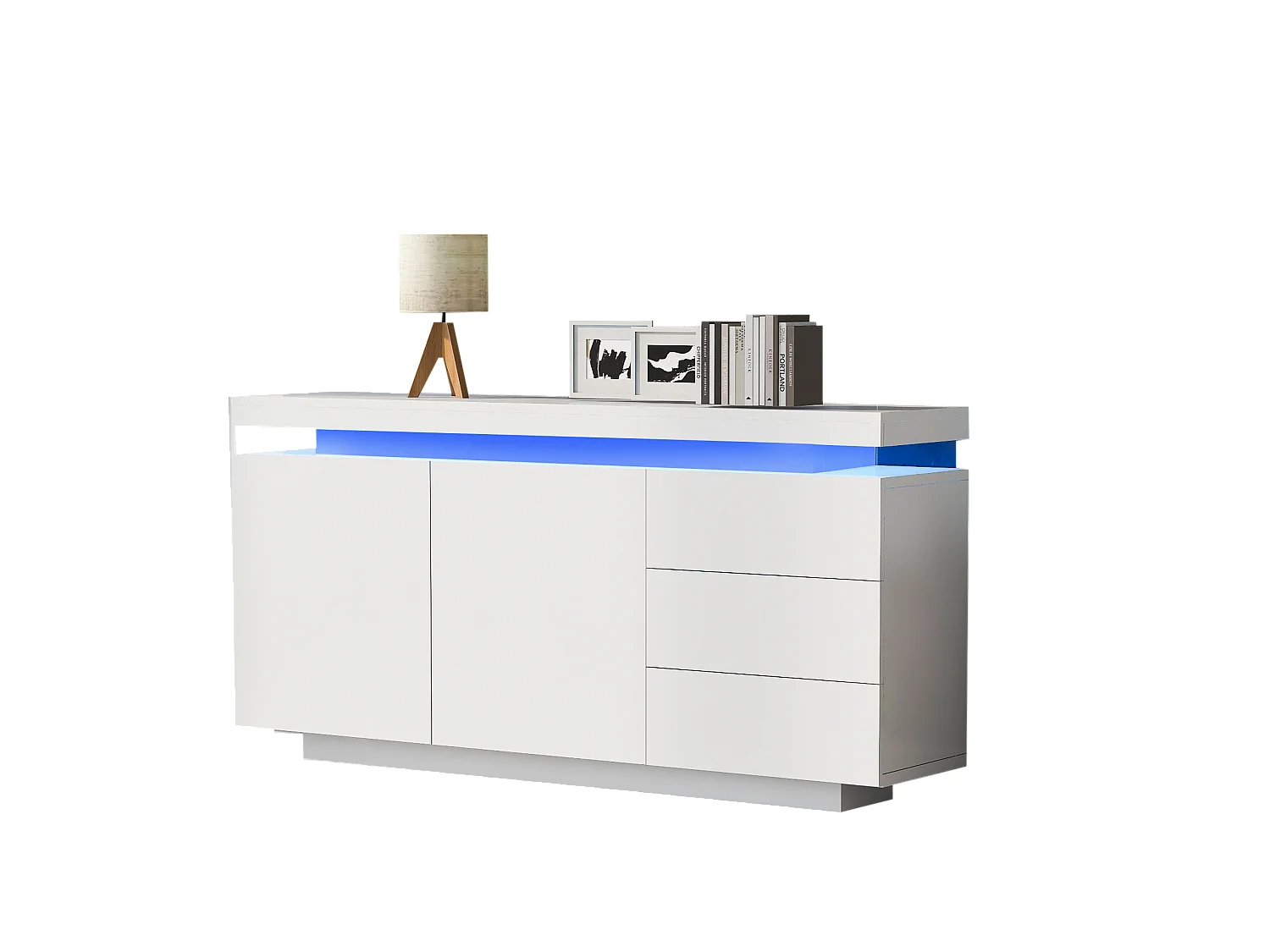 Buffet moderne avec LED, portes sans poignées, 2 portes, 3 tiroirs, panneau de particules, blanc, 140x35x72.5 cm