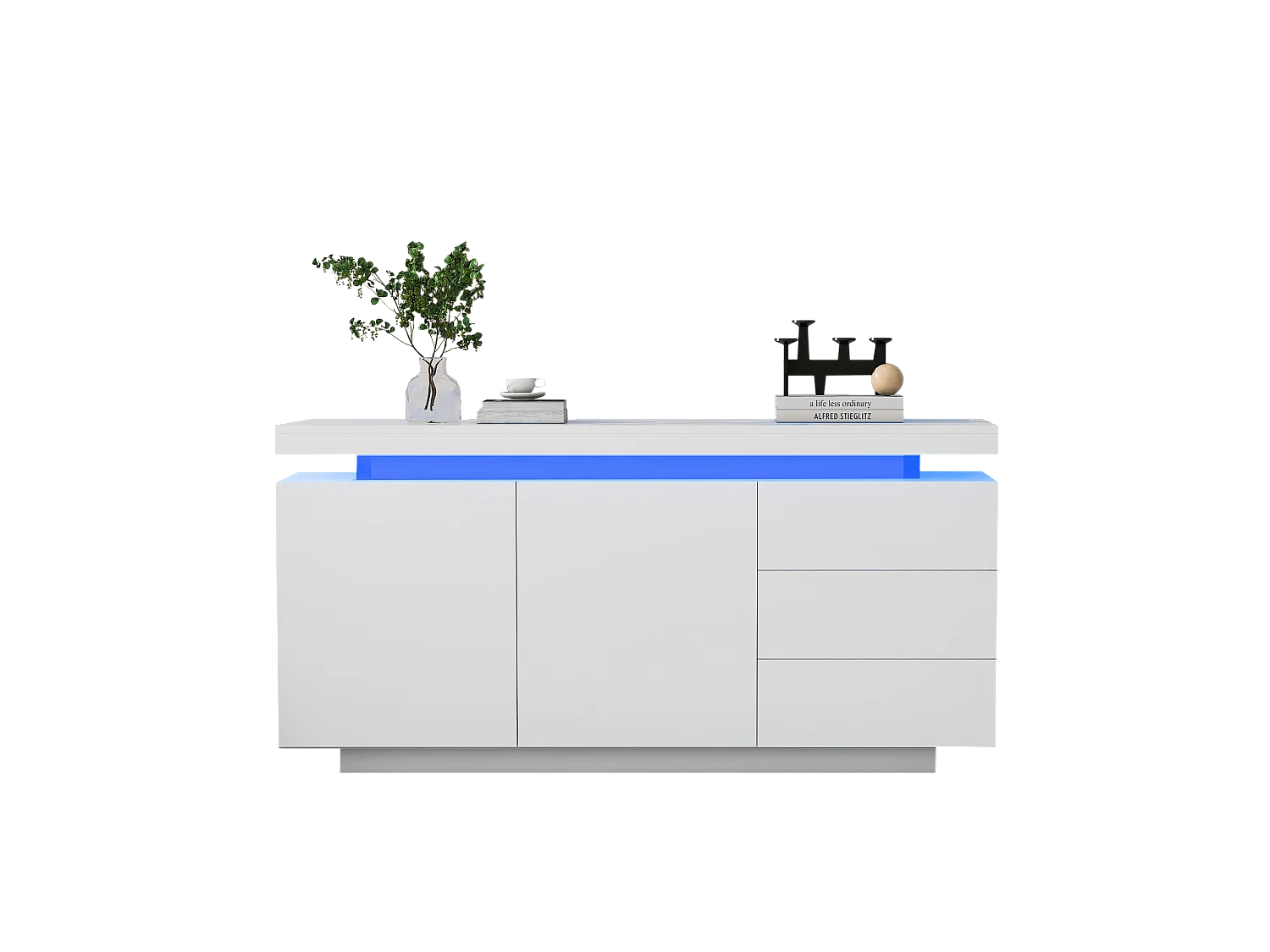 Buffet moderne avec LED, portes sans poignées, 2 portes, 3 tiroirs, panneau de particules, blanc, 140x35x72.5 cm