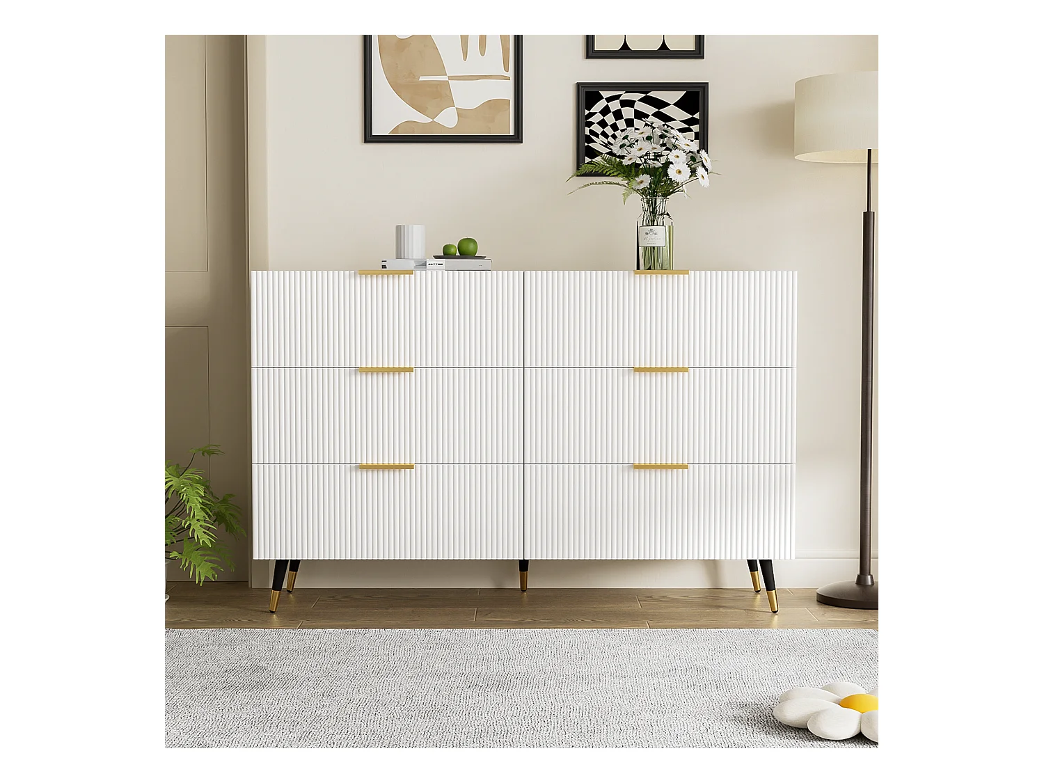 Buffet élégant avec 6 tiroirs, MDF, blanc et or (120x40x77 cm)