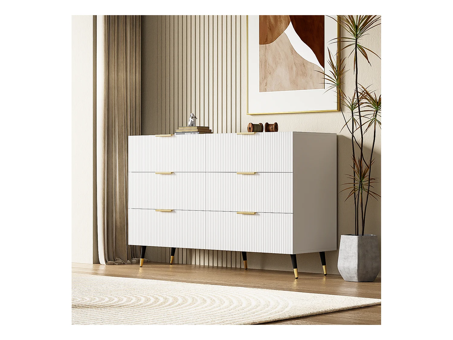 Buffet élégant avec 6 tiroirs, MDF, blanc et or (120x40x77 cm)