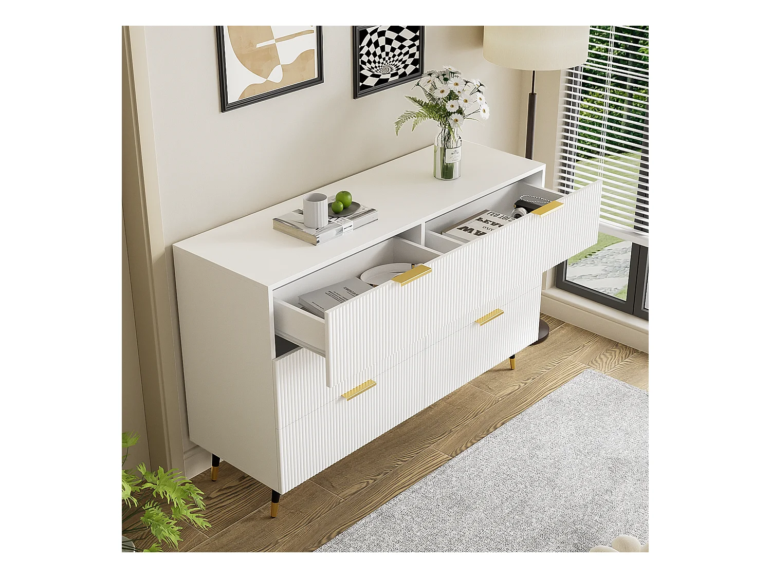 Buffet élégant avec 6 tiroirs, MDF, blanc et or (120x40x77 cm)