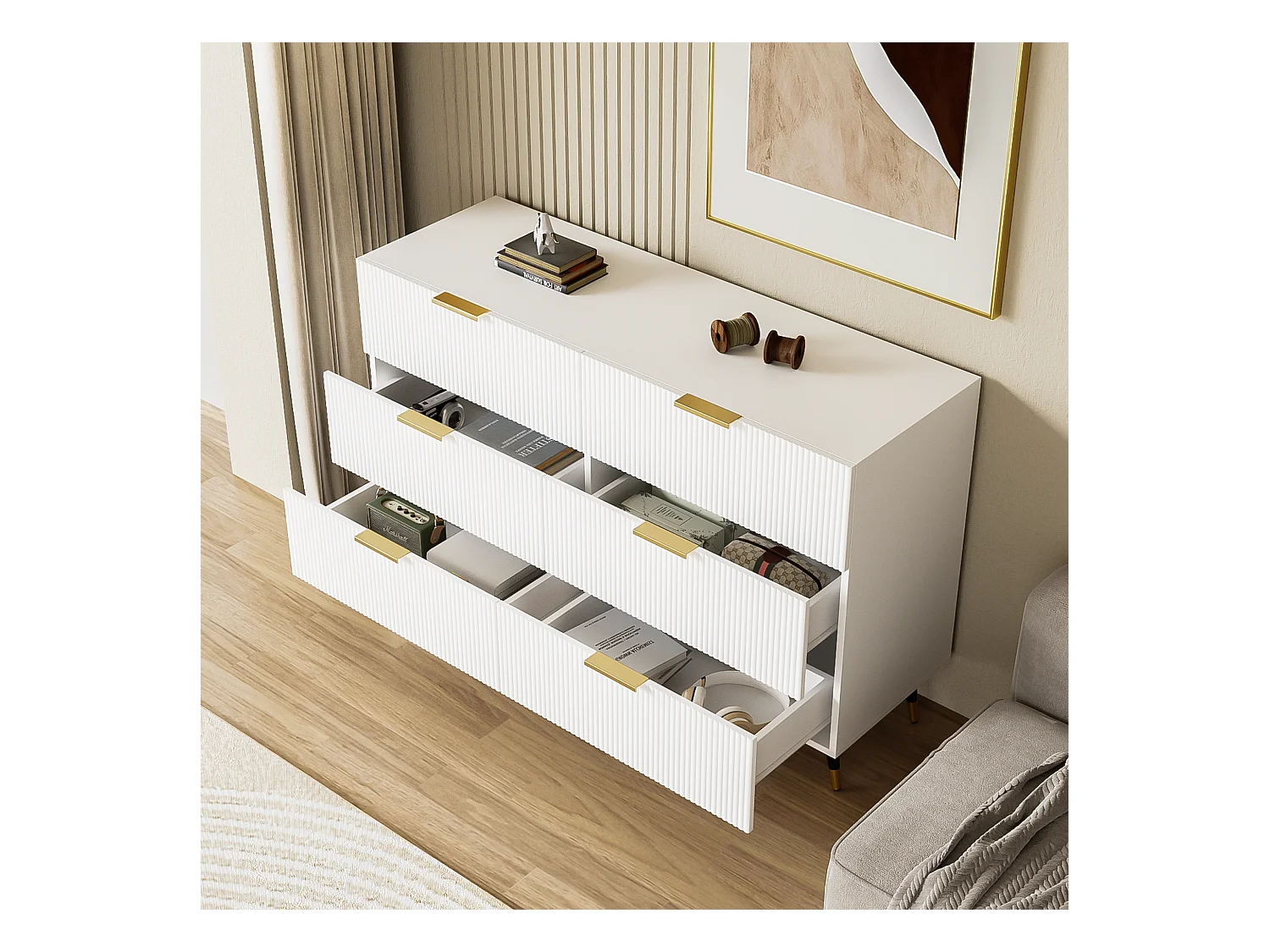 Buffet élégant avec 6 tiroirs, MDF, blanc et or (120x40x77 cm)