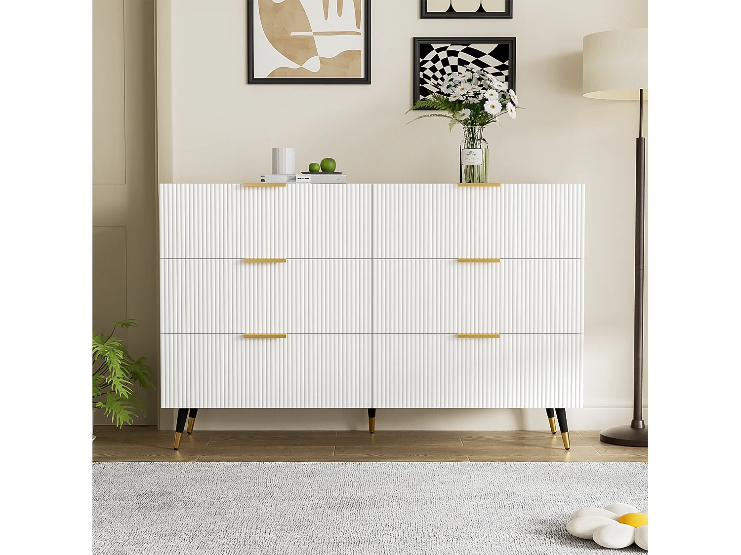 Buffet élégant avec 6 tiroirs, MDF, blanc et or (120x40x77 cm)