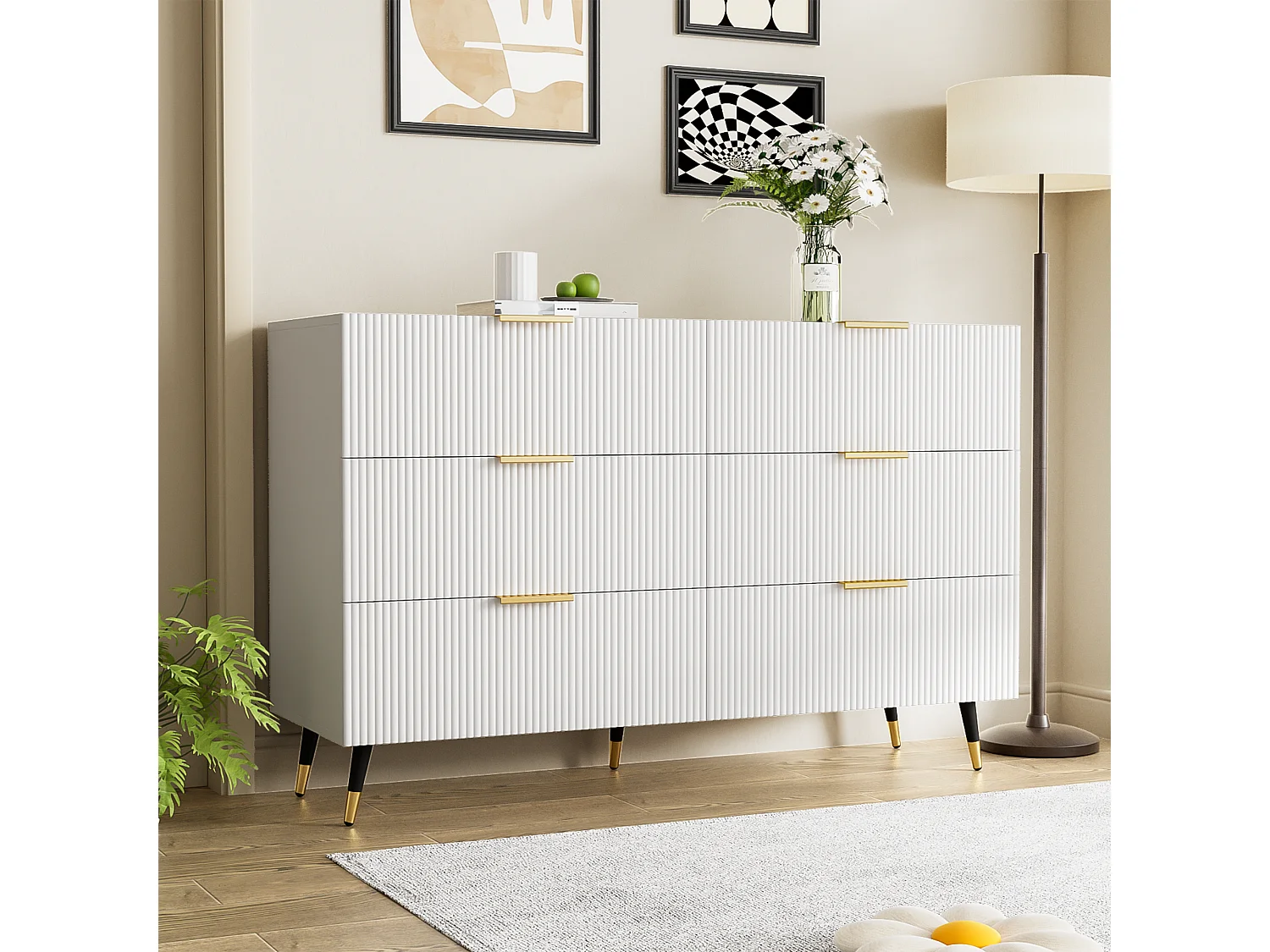 Buffet élégant avec 6 tiroirs, MDF, blanc et or (120x40x77 cm)