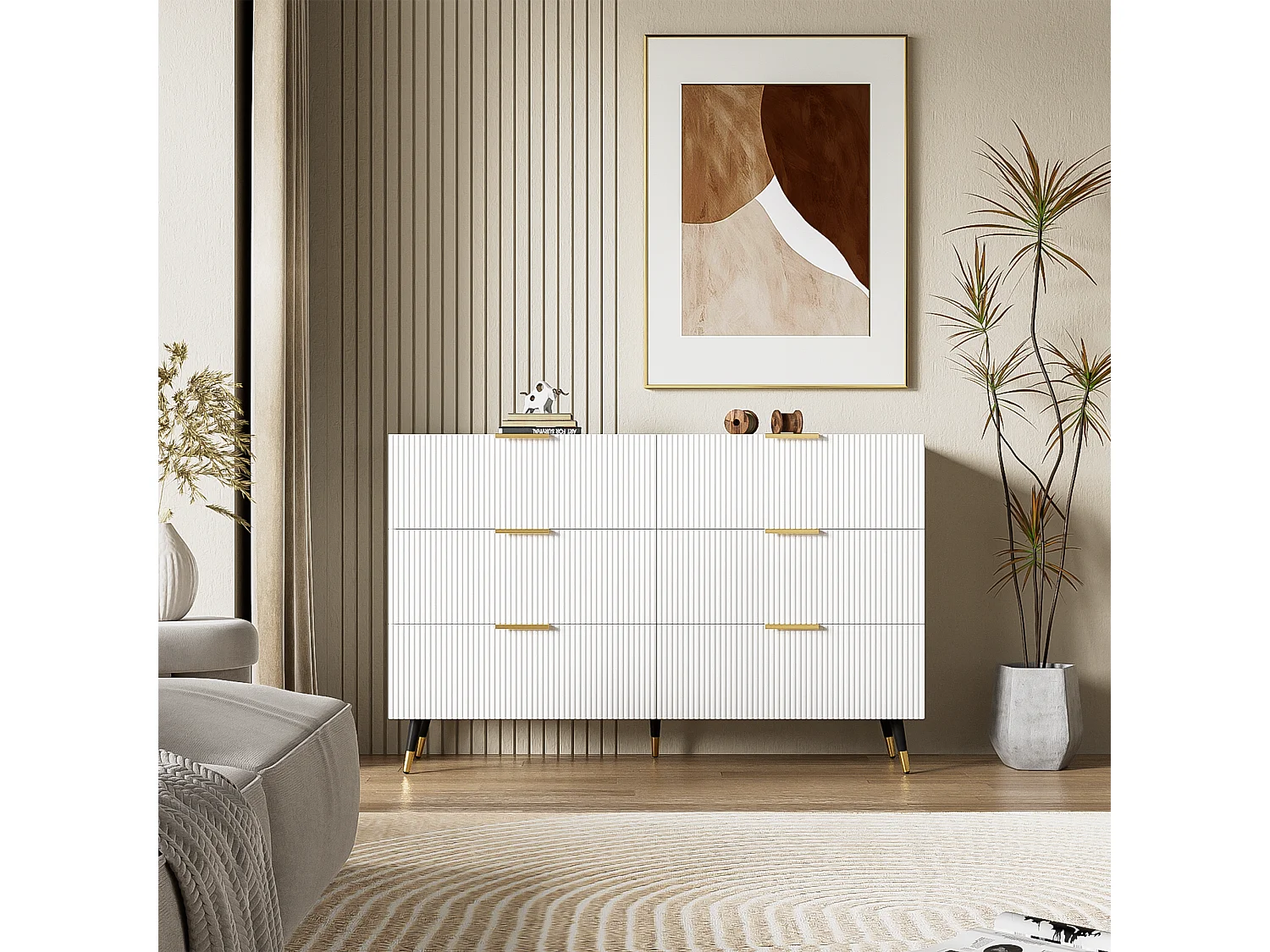 Buffet élégant avec 6 tiroirs, MDF, blanc et or (120x40x77 cm)