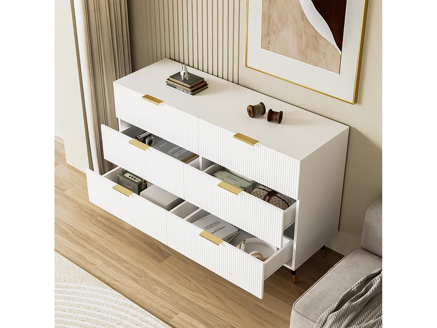 Buffet élégant avec 6 tiroirs, MDF, blanc et or (120x40x77 cm)