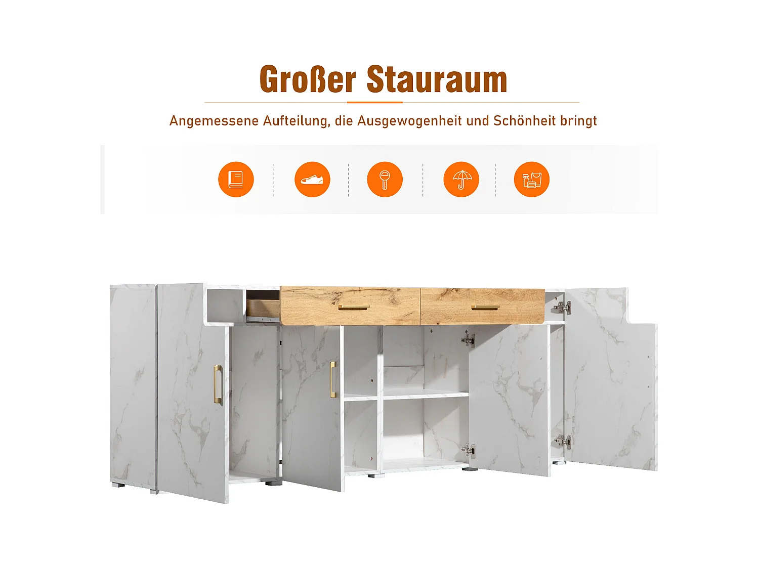 Buffet avec 3 portes en rotin, meuble de rangement avec poignées métalliques, pour salon, chambre et bureau, noyer (129.8x40x76 cm)