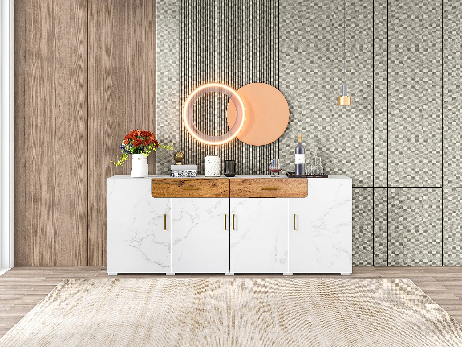 Buffet avec 3 portes en rotin, meuble de rangement avec poignées métalliques, pour salon, chambre et bureau, noyer (129.8x40x76 cm)