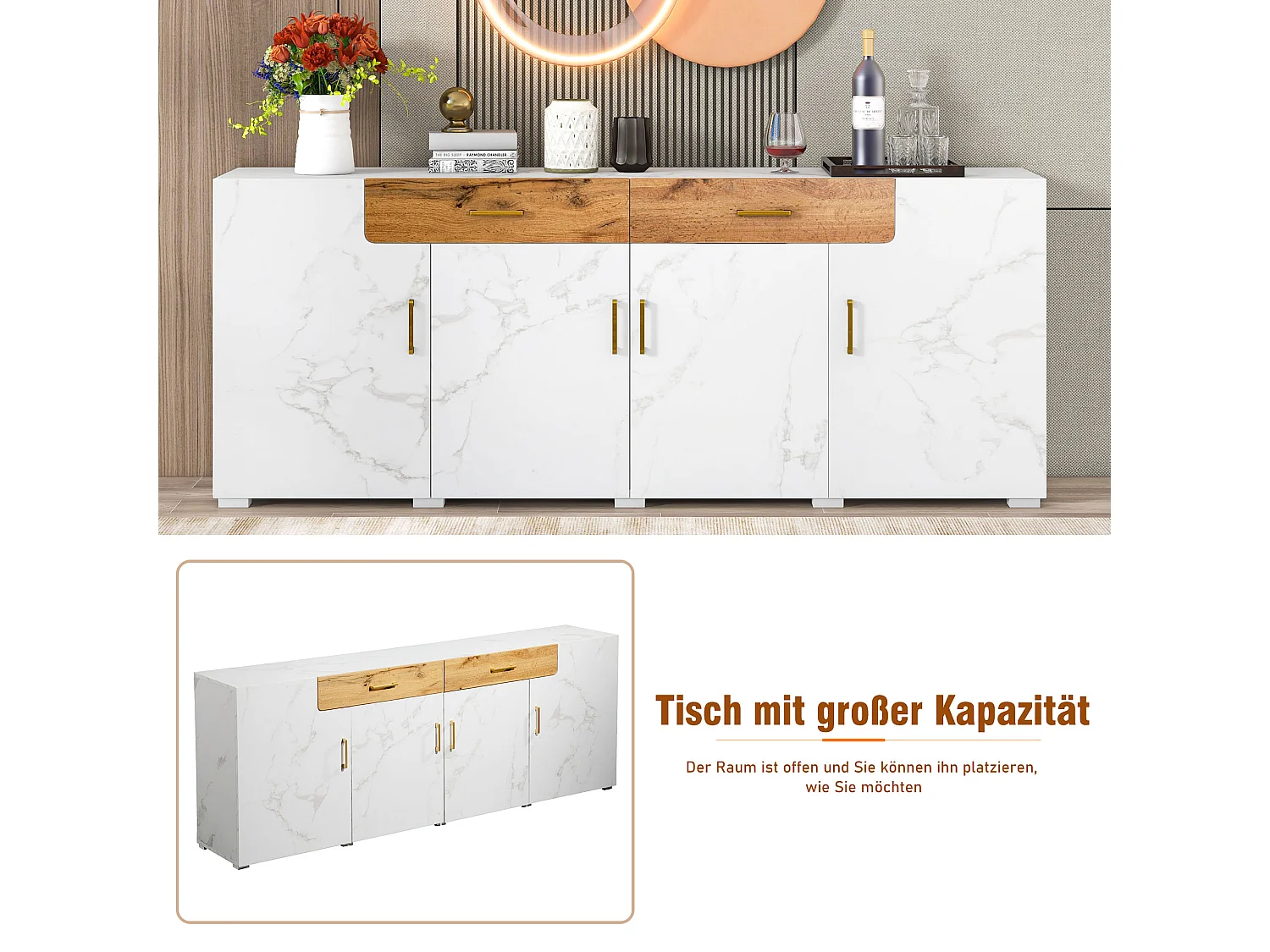 Buffet avec 3 portes en rotin, meuble de rangement avec poignées métalliques, pour salon, chambre et bureau, noyer (129.8x40x76 cm)