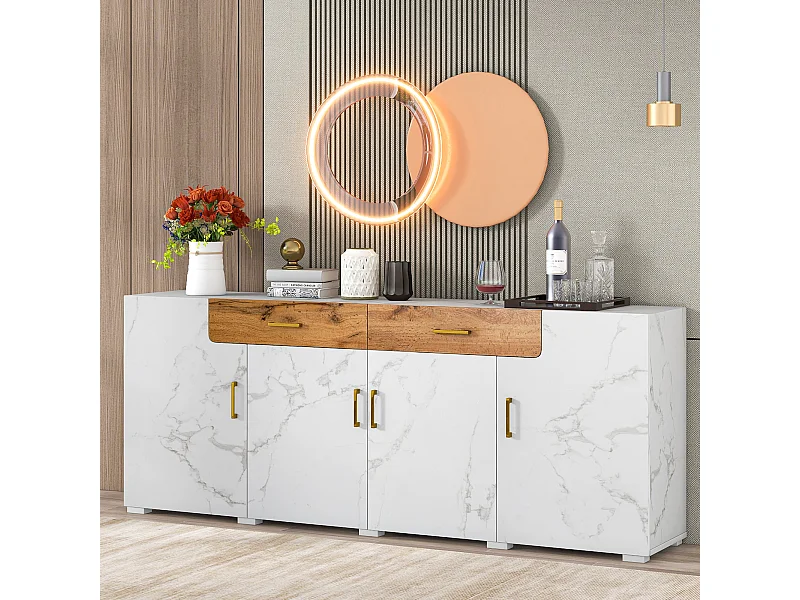 Buffet avec 3 portes en rotin, meuble de rangement avec poignées métalliques, pour salon, chambre et bureau, noyer (129.8x40x76 cm)