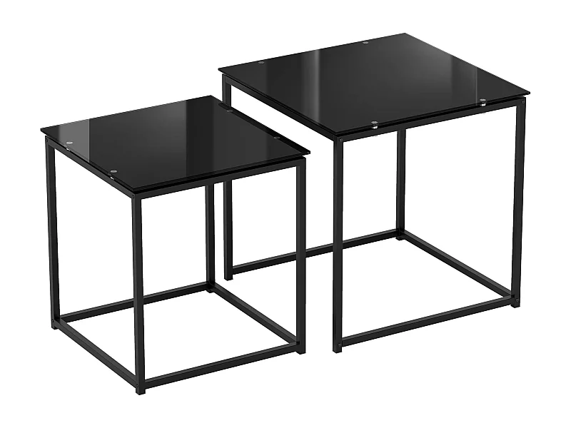 2-delige bijzettafel, vierkante salontafels met gehard glas, metalen frame, modern design, zwart (50x50x52 cm)