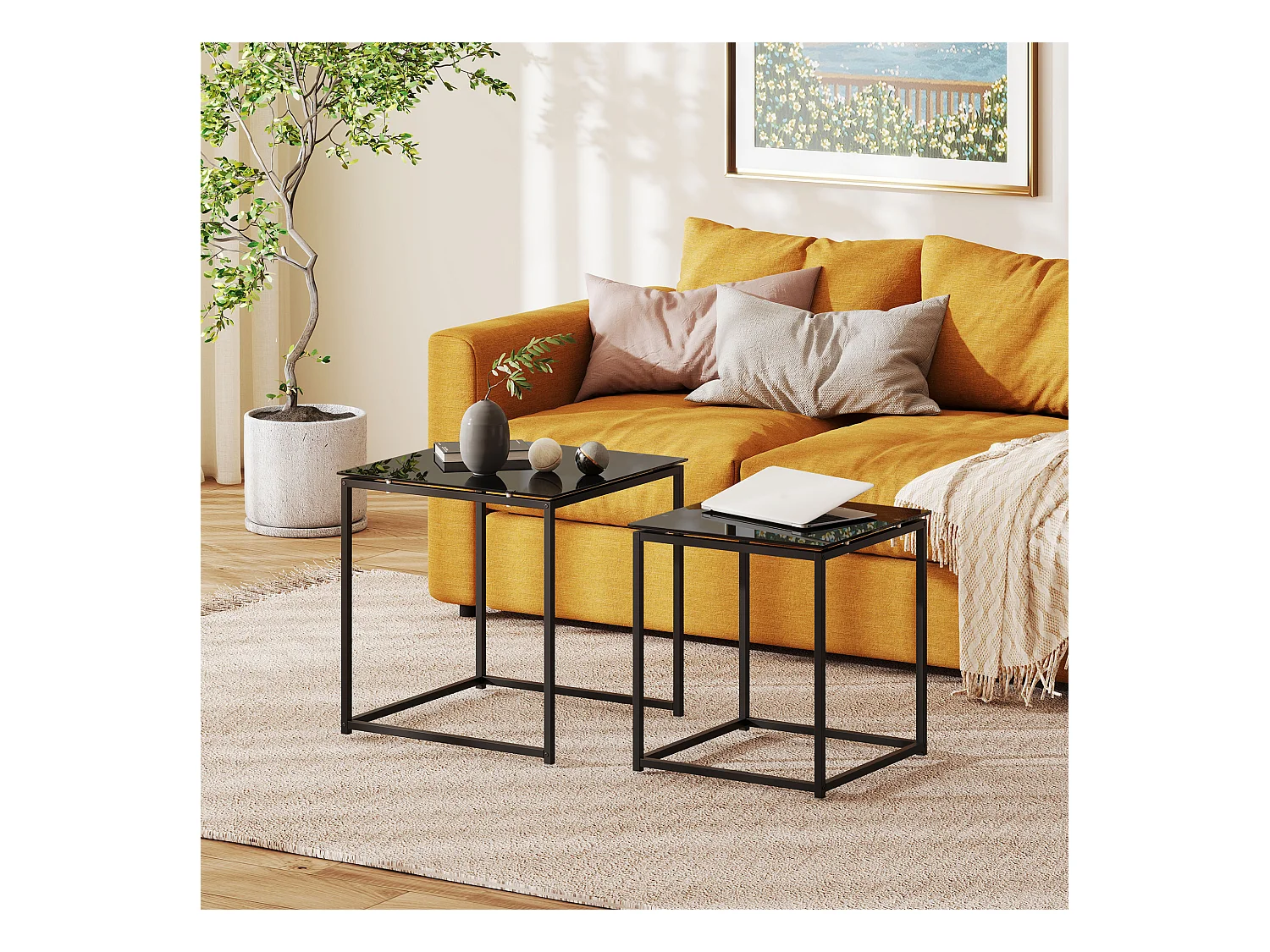 Table d'appoint 2 pièces, tables basses carrées avec verre trempé, cadre en métal, design moderne, noir (50x50x52 cm)