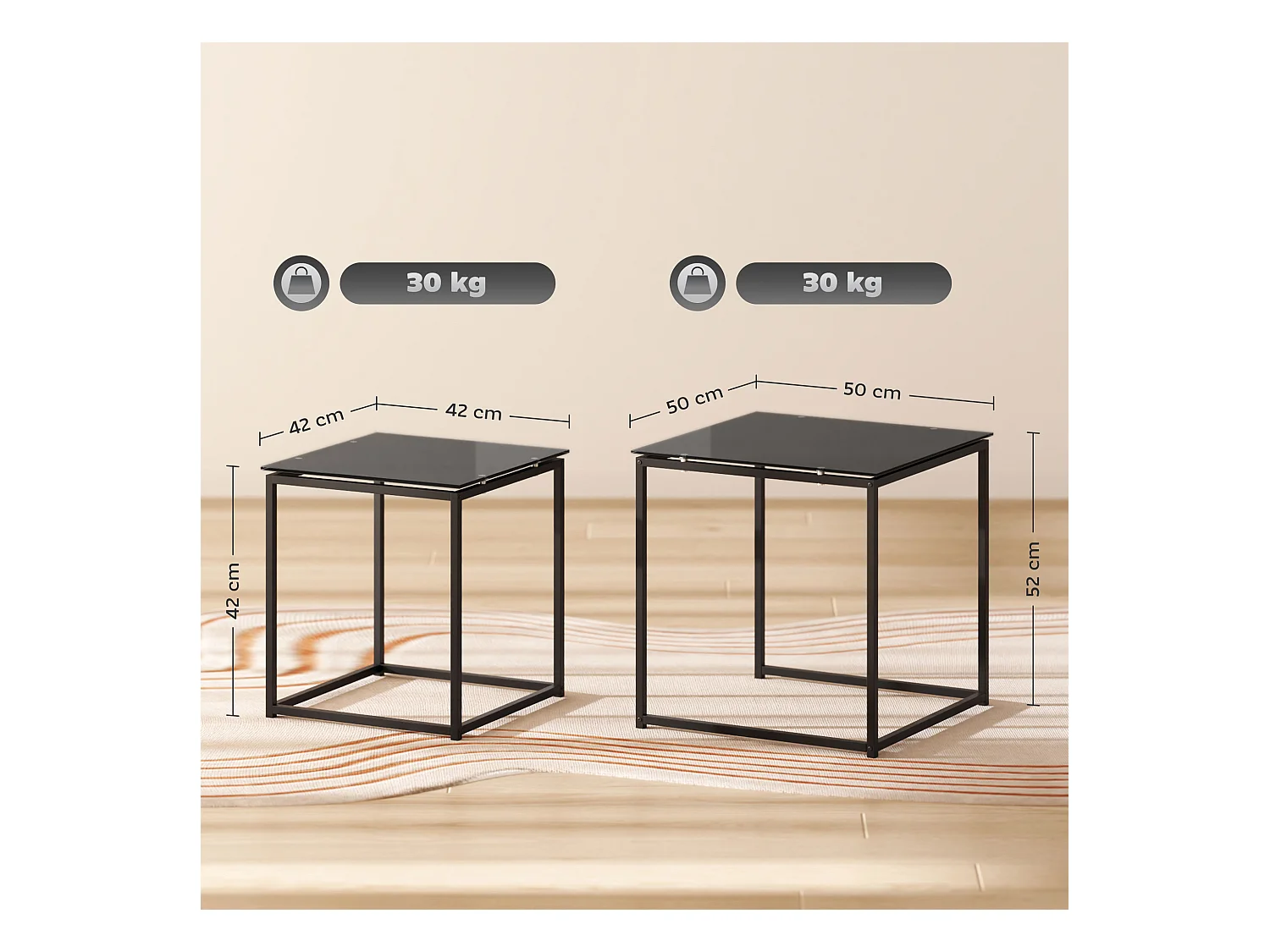 Table d'appoint 2 pièces, tables basses carrées avec verre trempé, cadre en métal, design moderne, noir (50x50x52 cm)