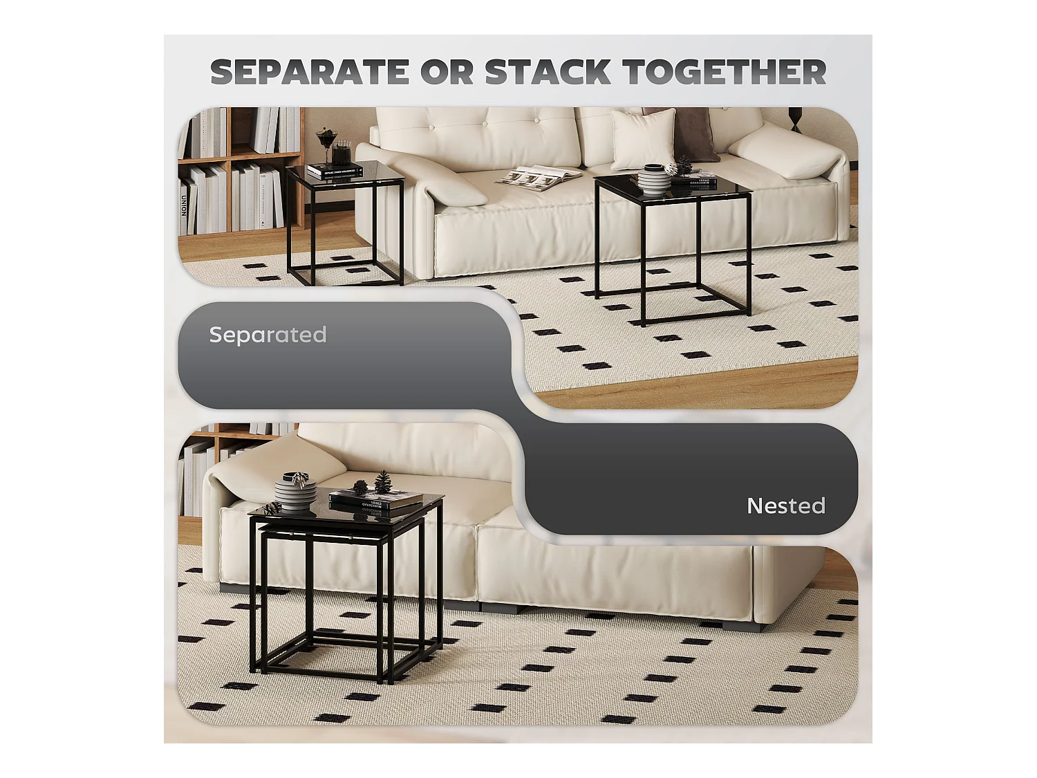 Table d'appoint 2 pièces, tables basses carrées avec verre trempé, cadre en métal, design moderne, noir (50x50x52 cm)