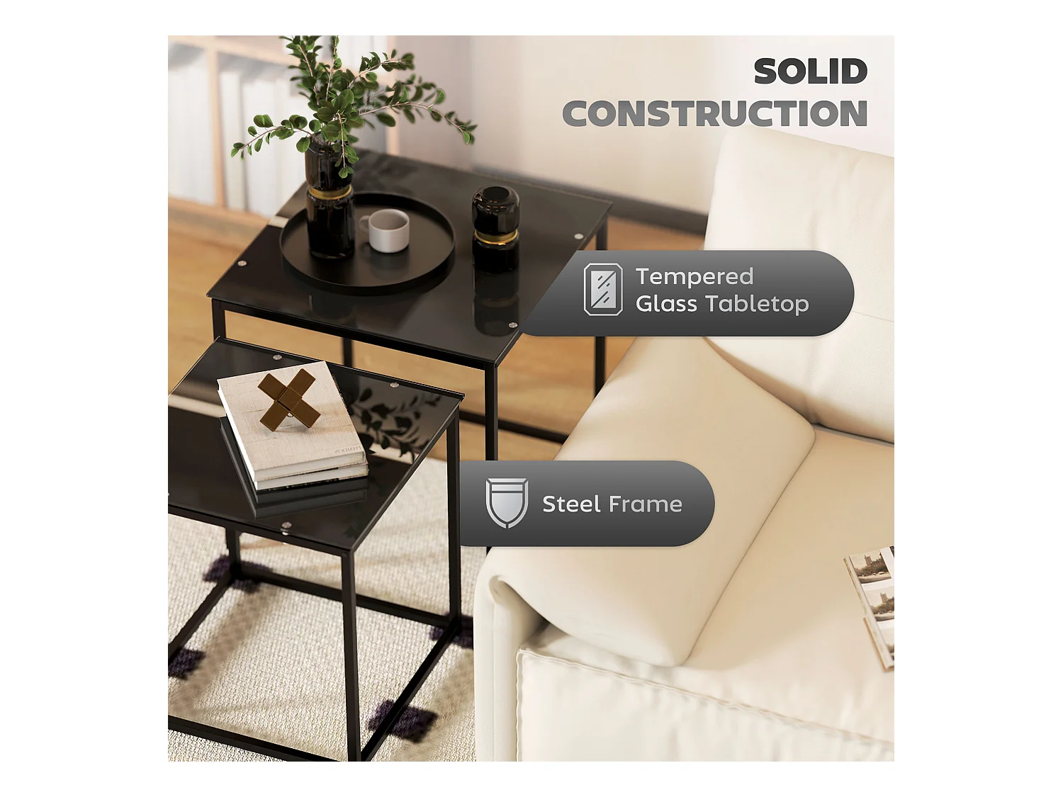 Table d'appoint 2 pièces, tables basses carrées avec verre trempé, cadre en métal, design moderne, noir (50x50x52 cm)