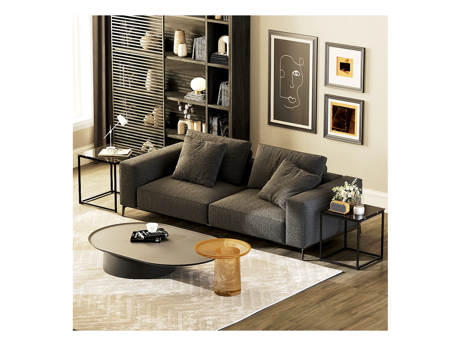 Table d'appoint 2 pièces, tables basses carrées avec verre trempé, cadre en métal, design moderne, noir (50x50x52 cm)