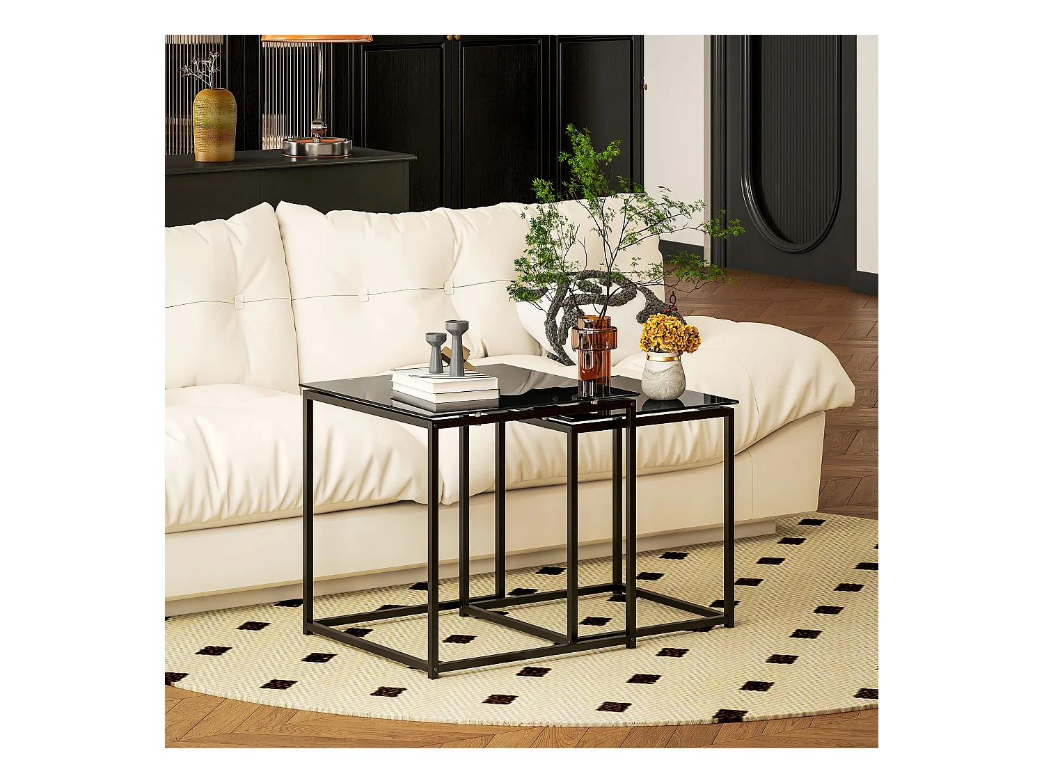 Table d'appoint 2 pièces, tables basses carrées avec verre trempé, cadre en métal, design moderne, noir (50x50x52 cm)