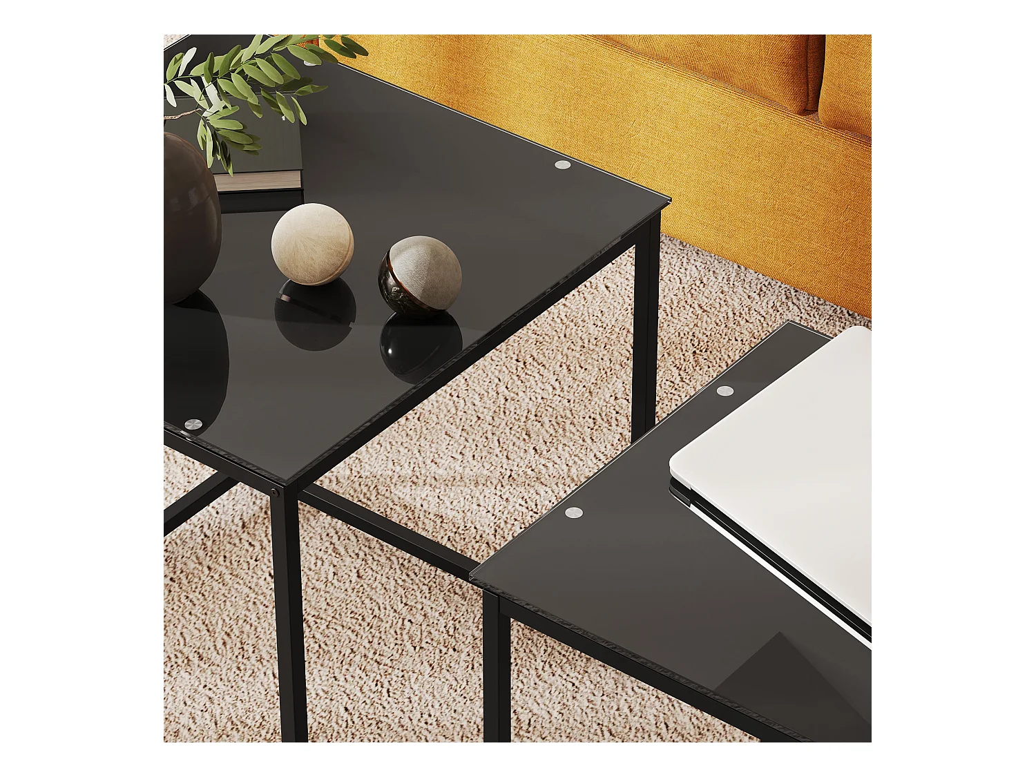 Table d'appoint 2 pièces, tables basses carrées avec verre trempé, cadre en métal, design moderne, noir (50x50x52 cm)