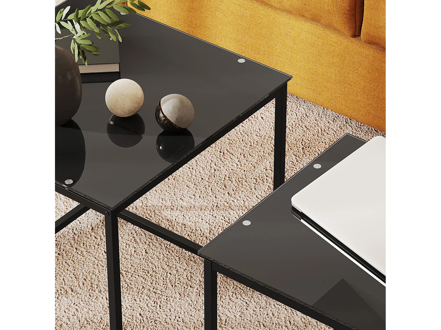 Table d'appoint 2 pièces, tables basses carrées avec verre trempé, cadre en métal, design moderne, noir (50x50x52 cm)