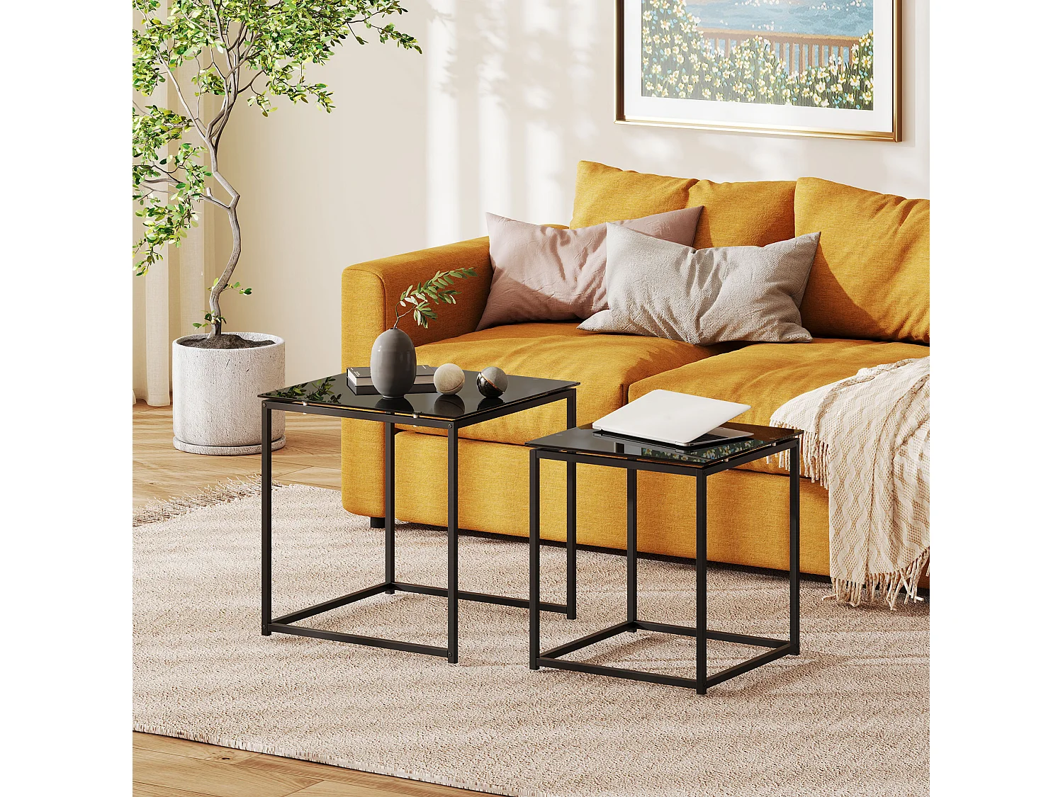 Table d'appoint 2 pièces, tables basses carrées avec verre trempé, cadre en métal, design moderne, noir (50x50x52 cm)